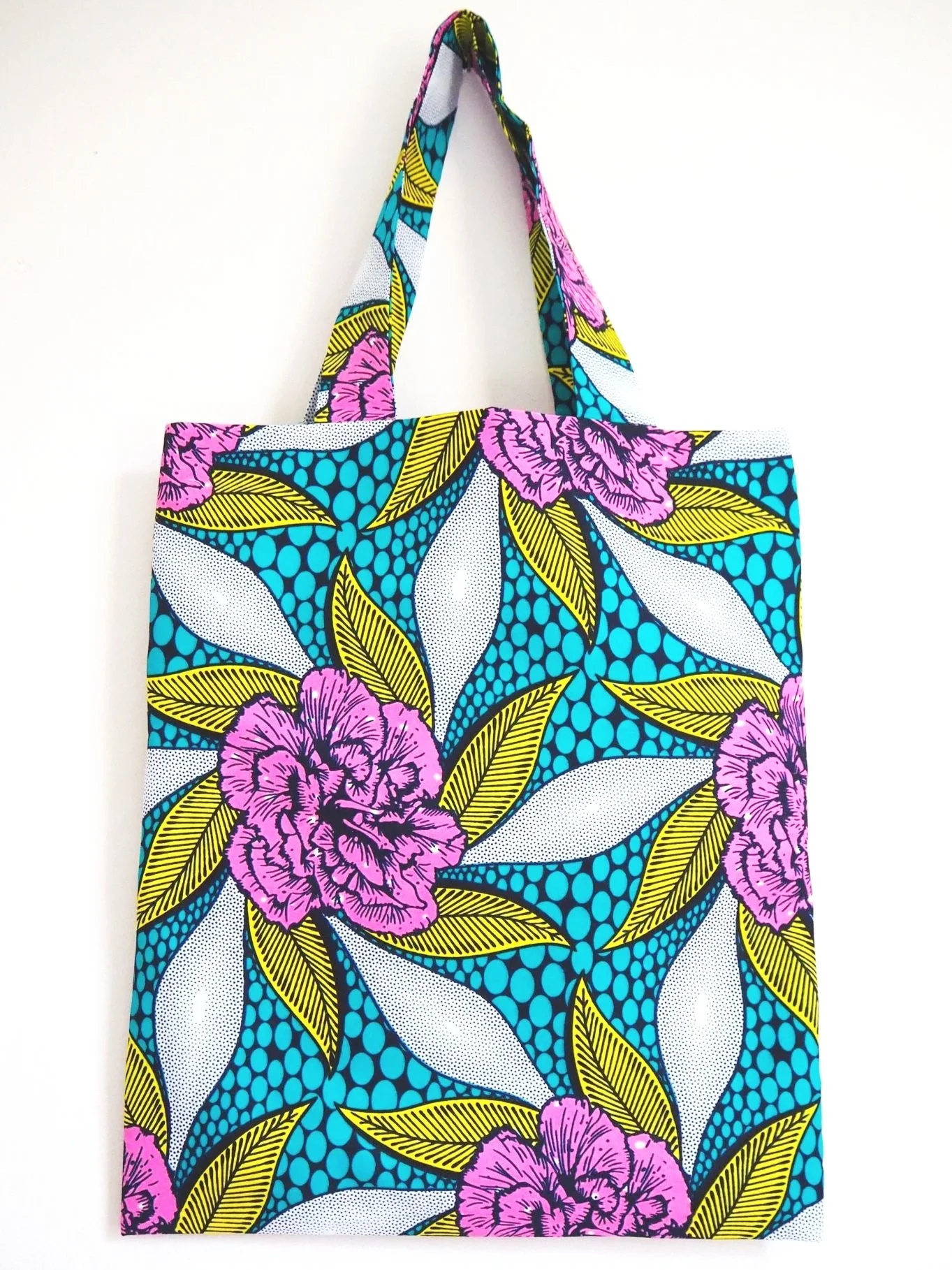 Tote bag in African wax print - peony print in pink and turquoise