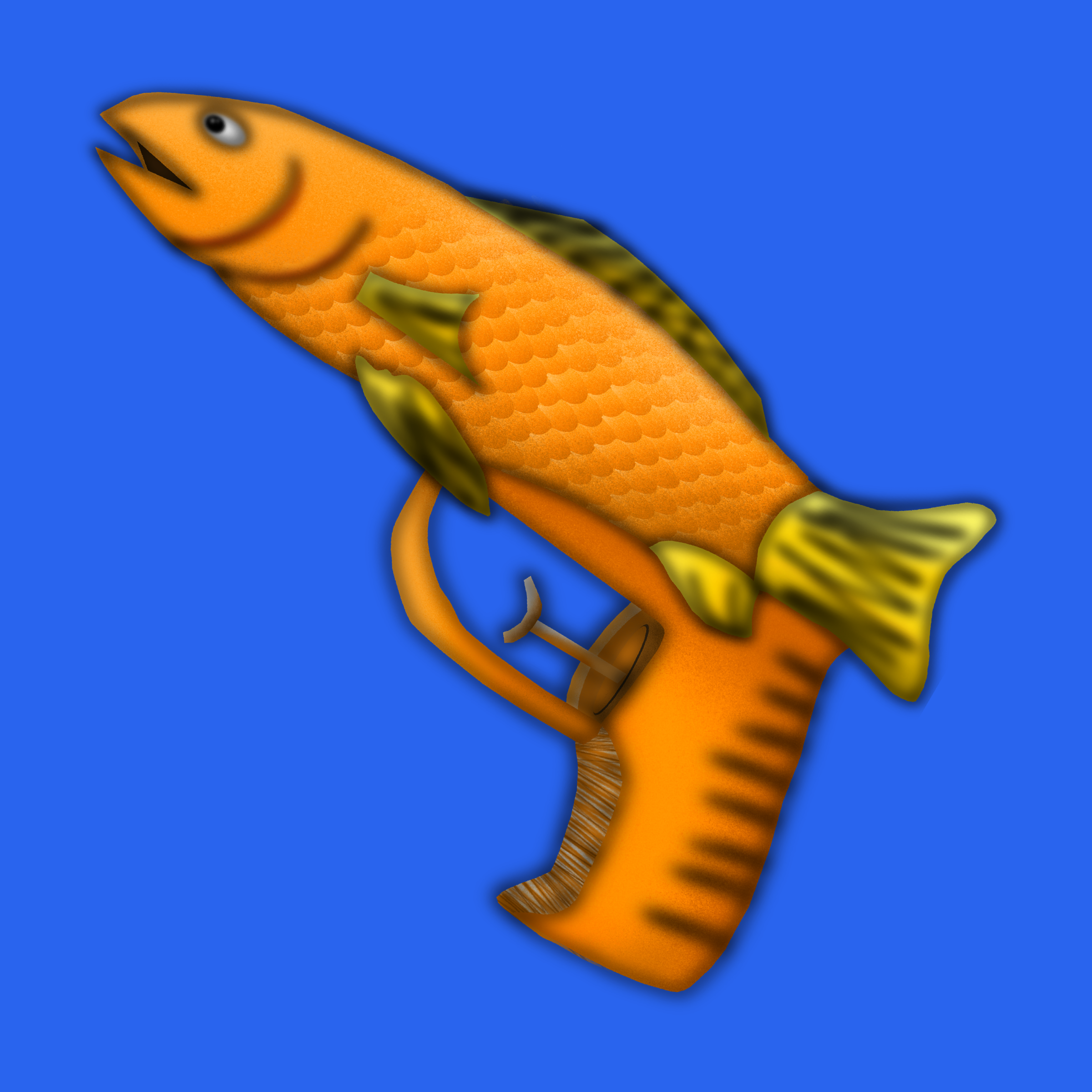 A digitally illustrated fish with orange, yellow, and dark stripes, attached to a spear gun against a blue background.