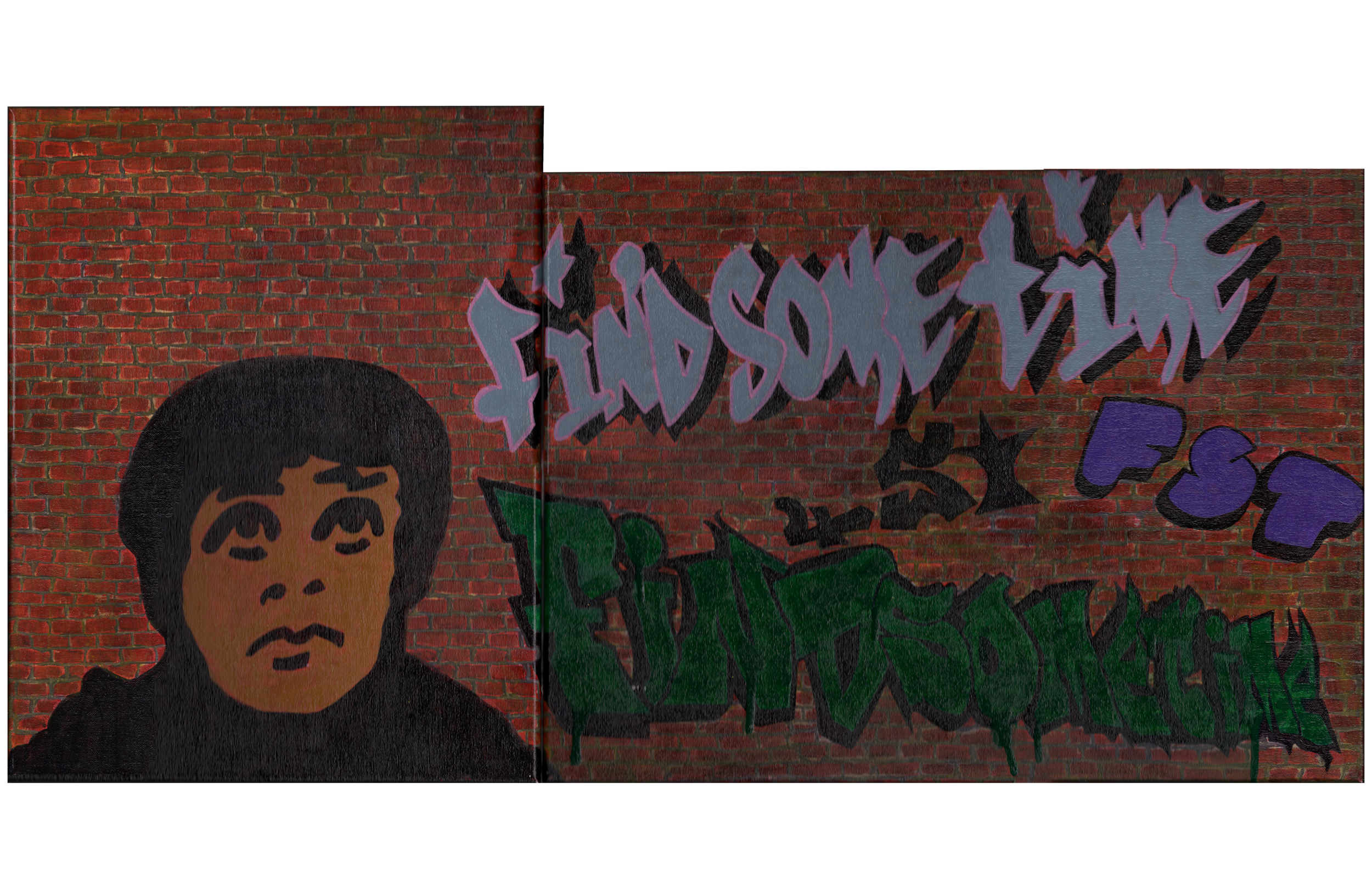 Graffiti mural on a red brick wall featuring a portrait of a kid with black hair, along with stylized purple and green text that reads 'Find some time.'