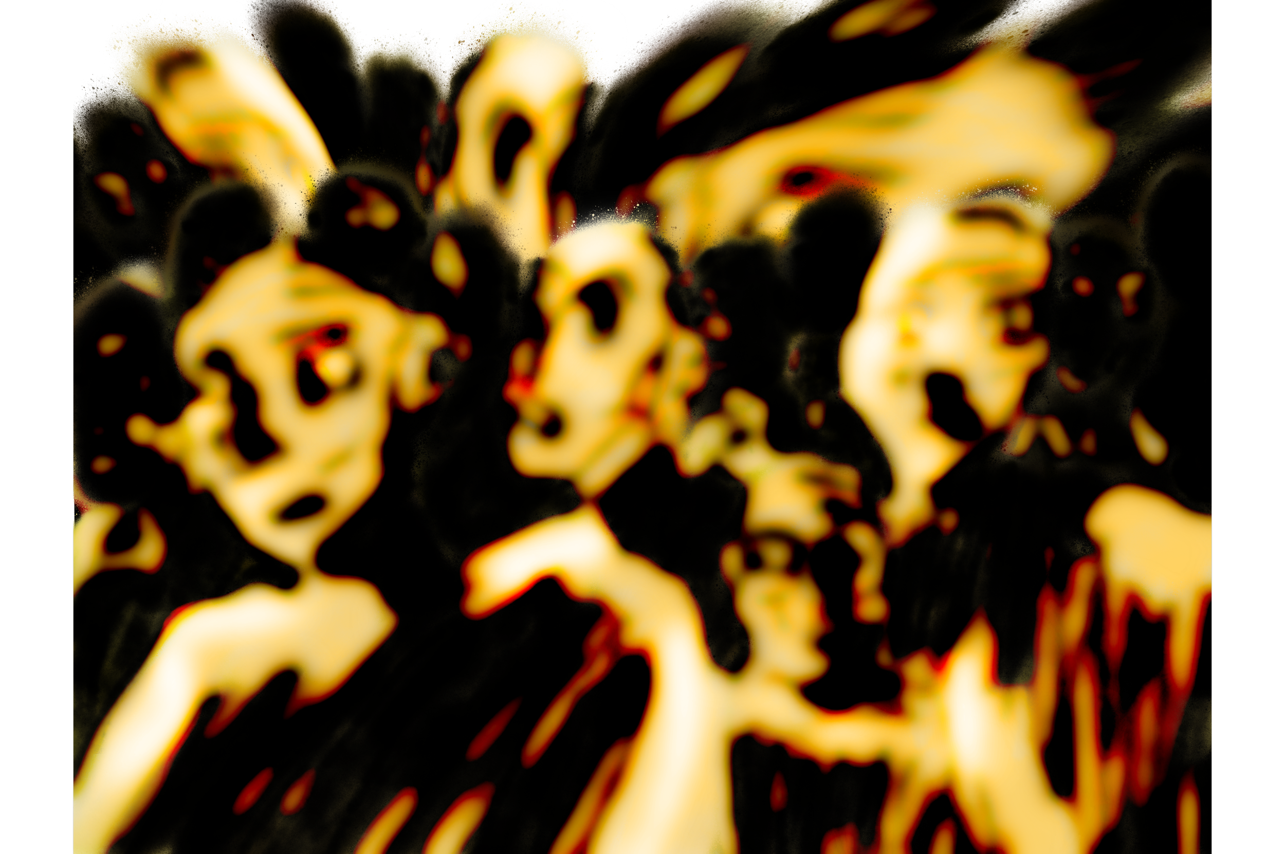 Abstract, heavily stylized and distorted image of a group of people with expressive faces, mostly in dark tones with some lighter and yellowish hues.