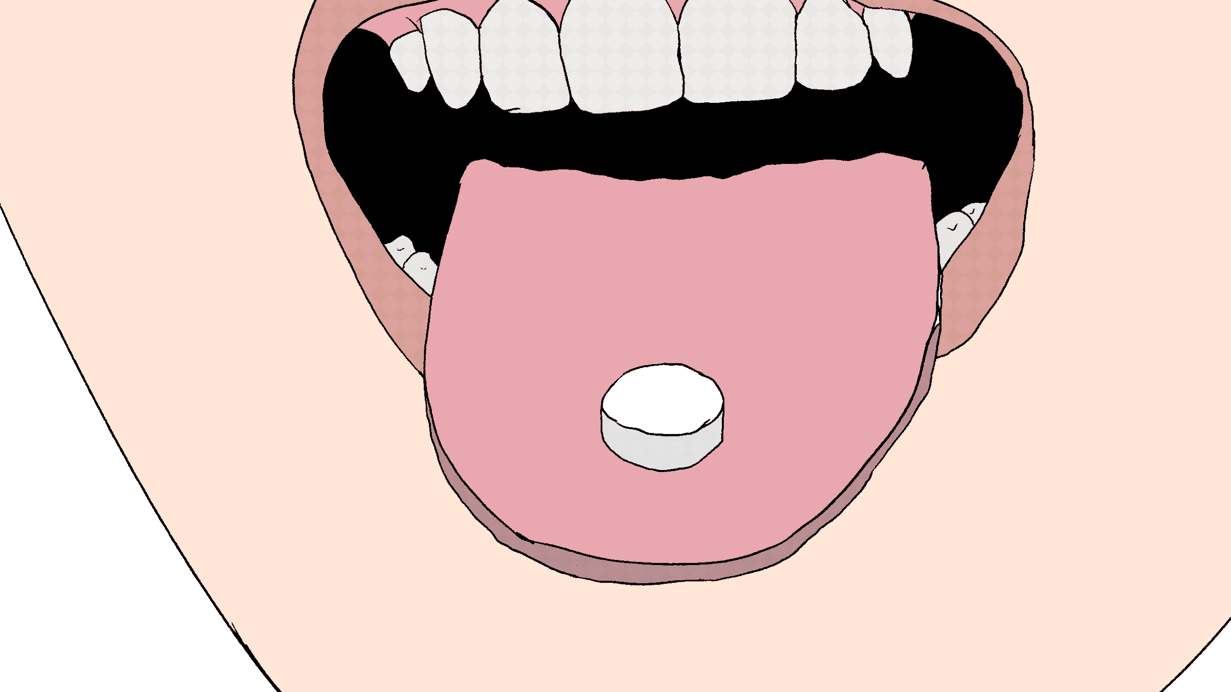 A close-up cartoon drawing of an open mouth with a pink tongue sticking out, showing white teeth and black interior.