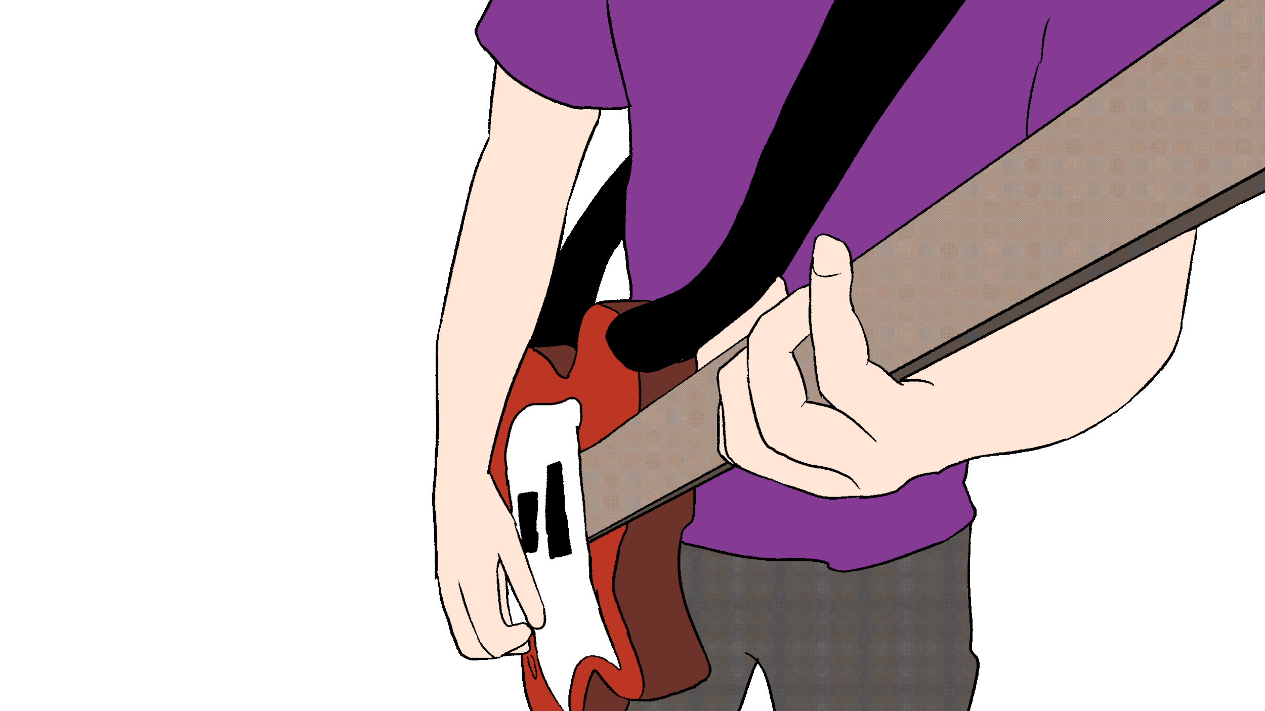 Person playing an electric guitar, shown from the waist up, wearing a purple shirt and dark pants.