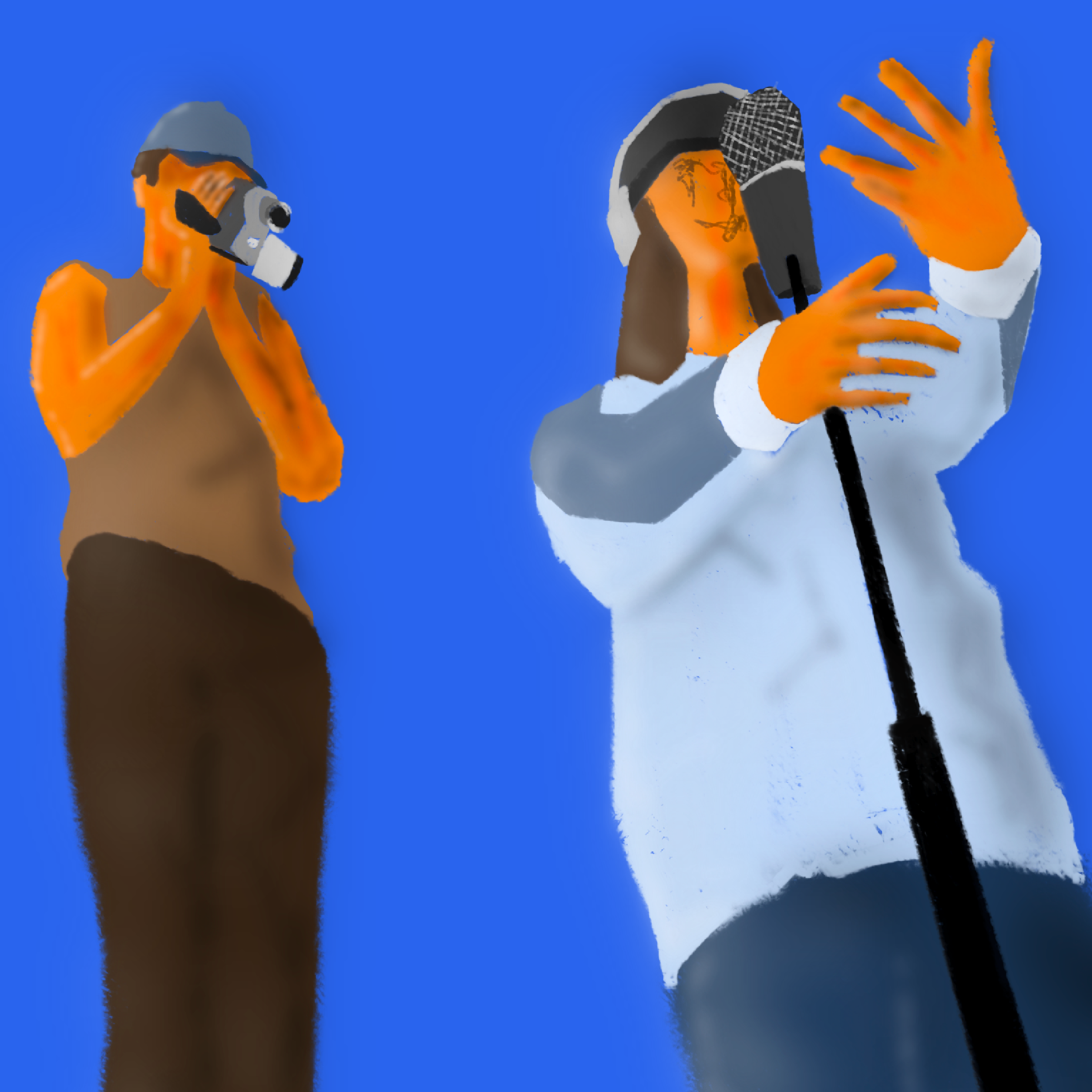 Two artists performing with microphones against a blue background, one wearing a gray hat and the other wearing a white jacket with gray sleeves.