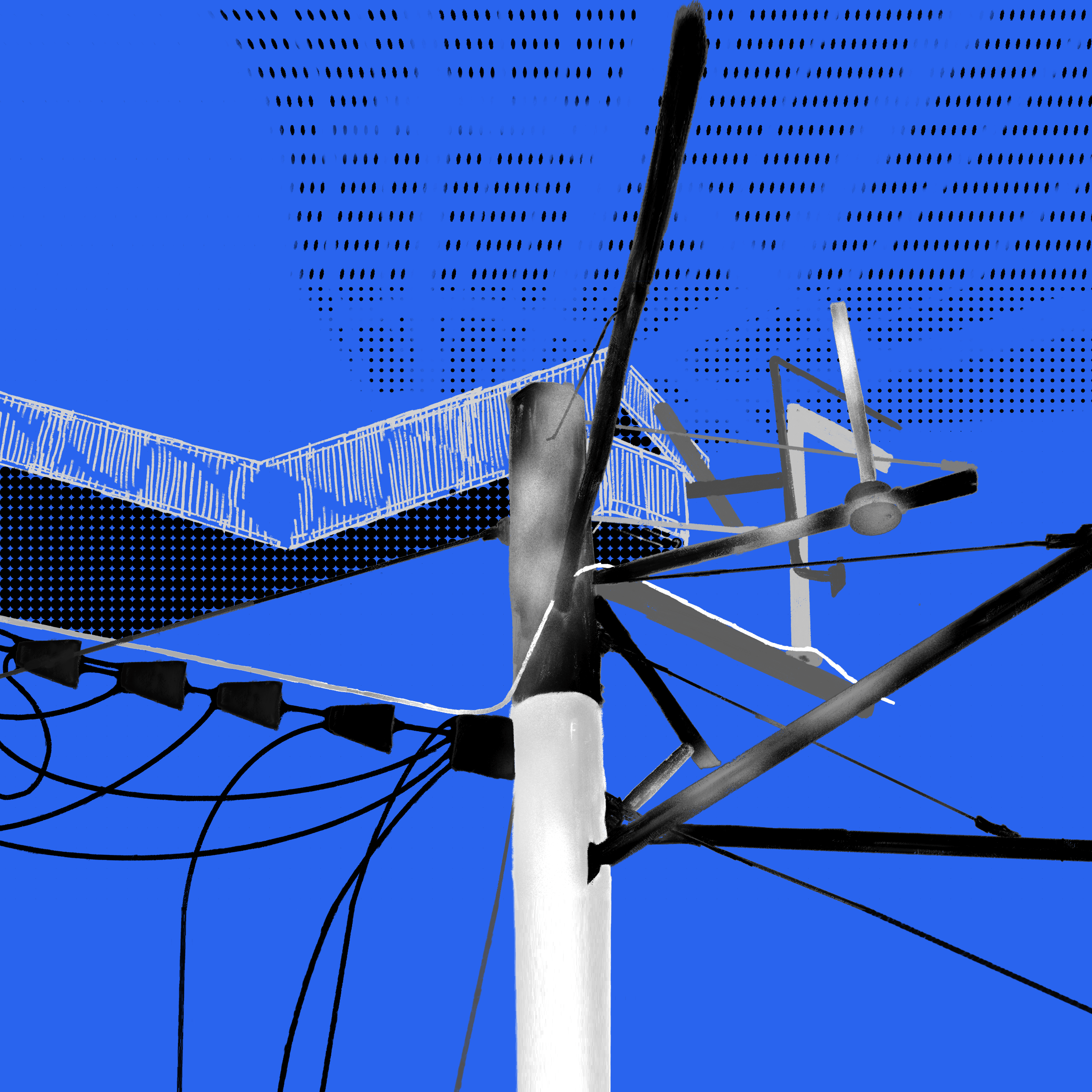 Close-up of a utility pole with multiple wires, antennas, and connectors against a bright blue sky.