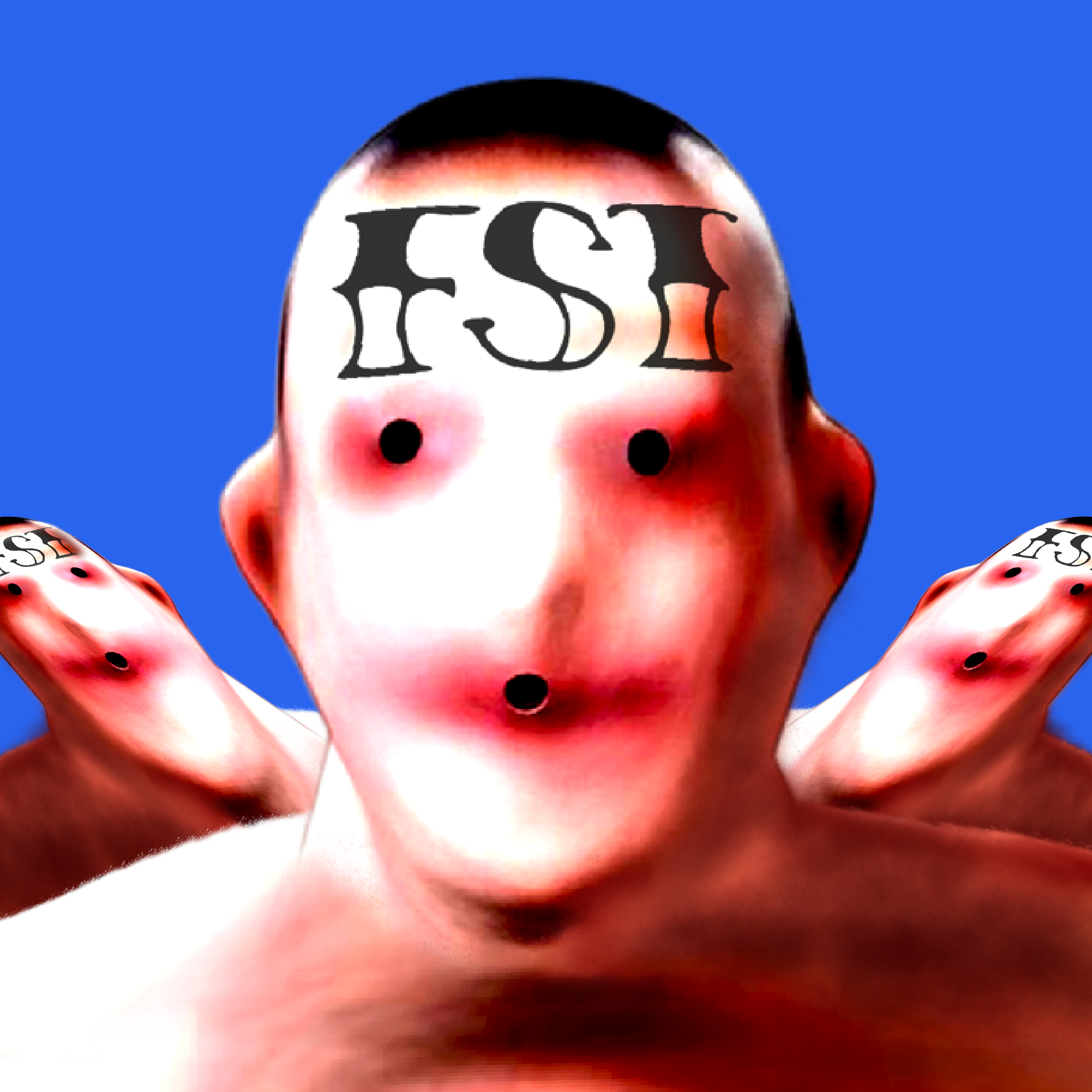 Close-up of a person's face with the word 'FST' tattooed on the forehead, with the person making a surprised expression against a blue background.
