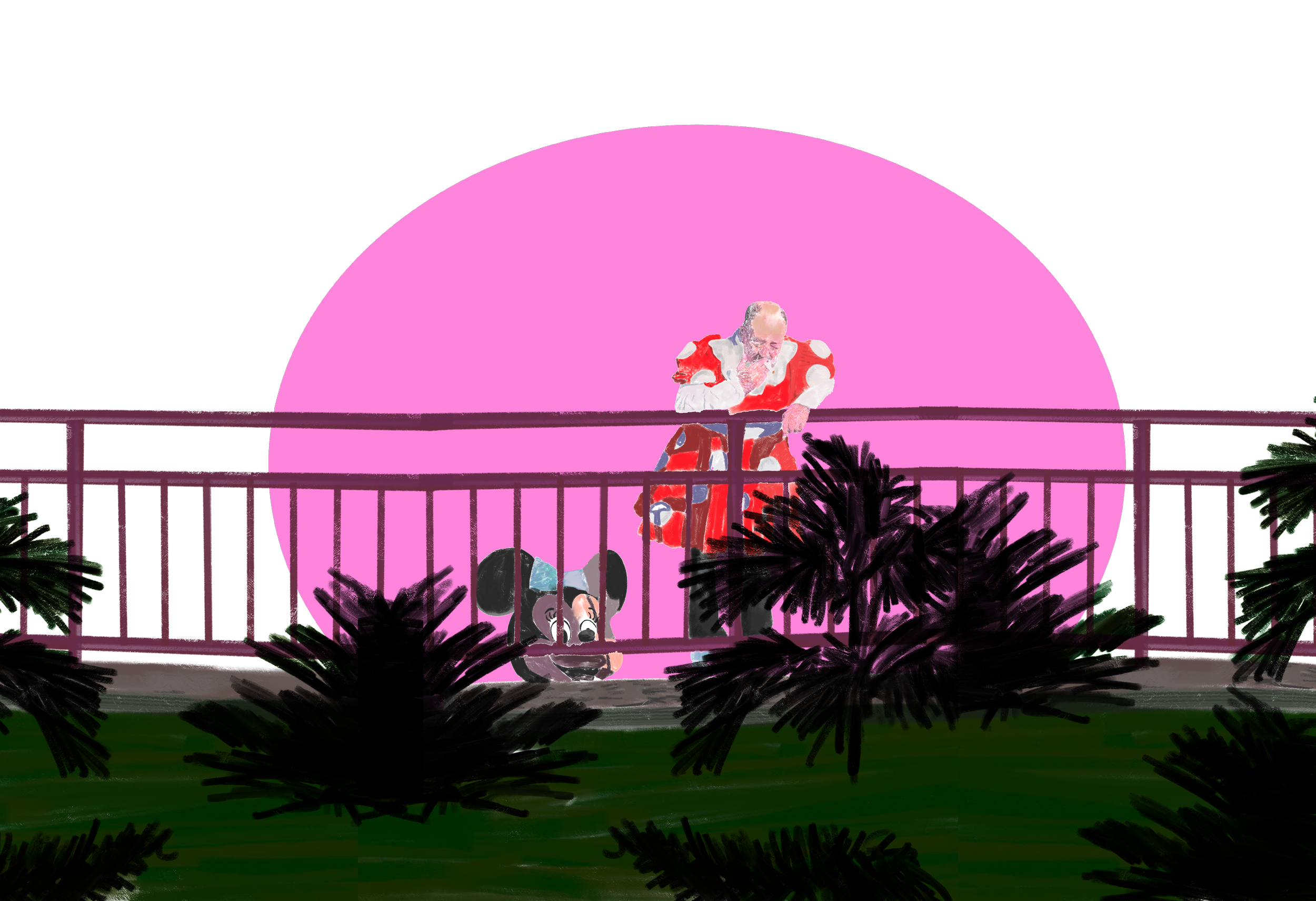 A person dressed as minnie mouse leaning on a railing on a long walk home after working with a large pink oval behind in the background, and a cartoon mouse peeking out from behind some plants in the foreground.
