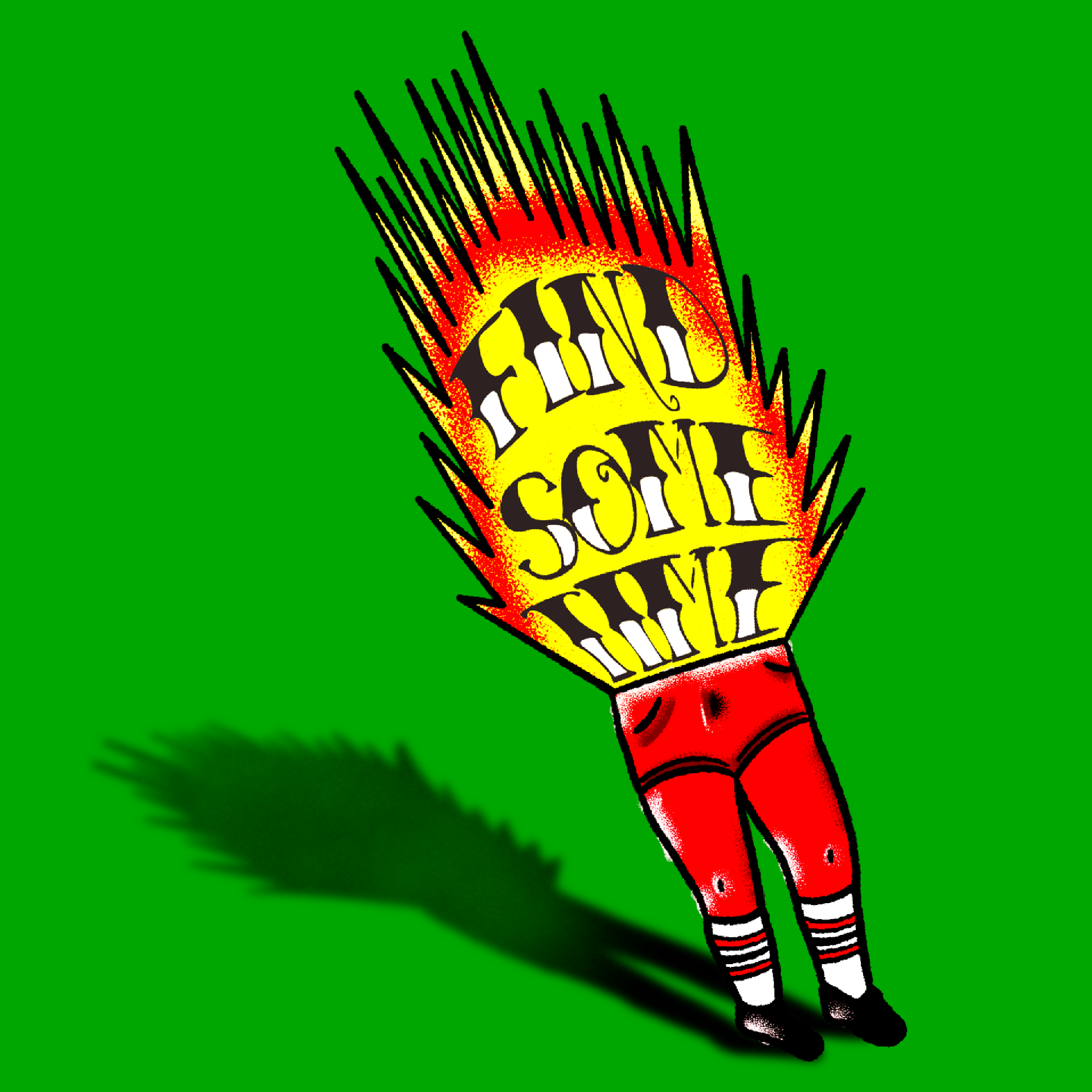A cartoon character with a body made of fire with the phrase 'Find some time' in yellow and black letters, with red shorts, and striped socks, casting a shadow on a bright green background.