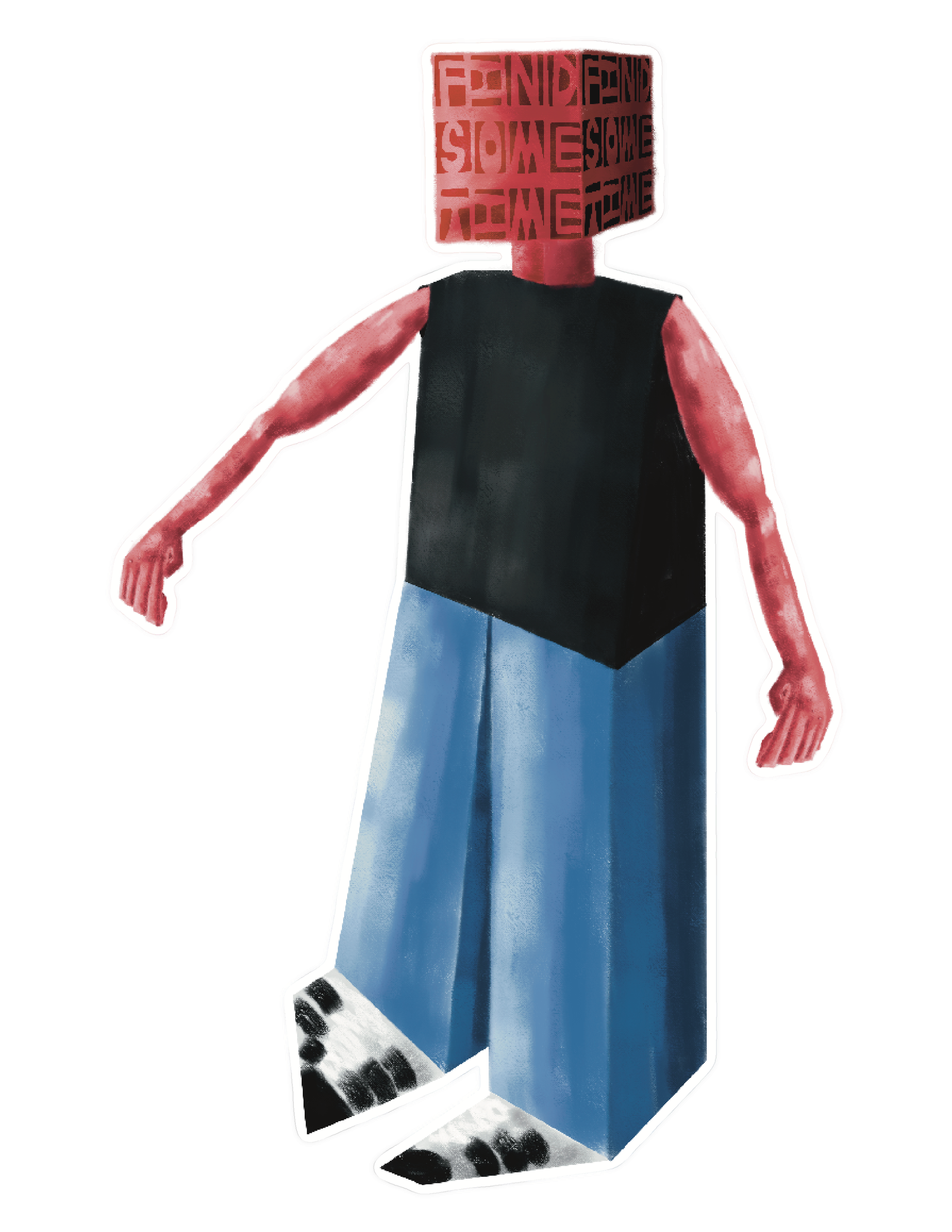 A stylized drawing of a humanoid figure with a red square head covered in black text, a black torso, pink arms, blue wide-legged pants, and black and white shoes.