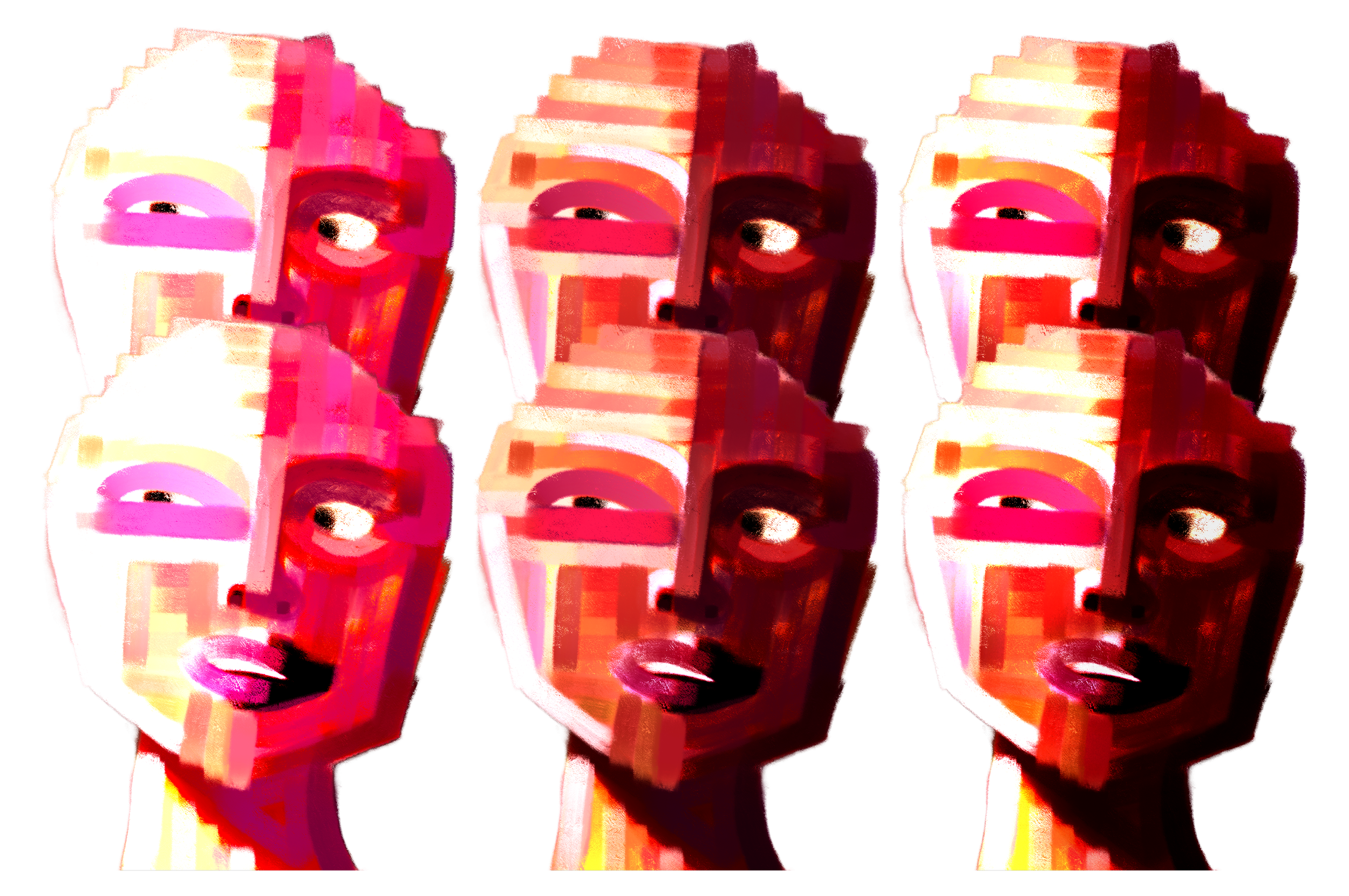 Digital abstract depiction of multiple female faces with exaggerated features, rendered in bold pink, red, and yellow tones, arranged in a repetitive, grid-like pattern.