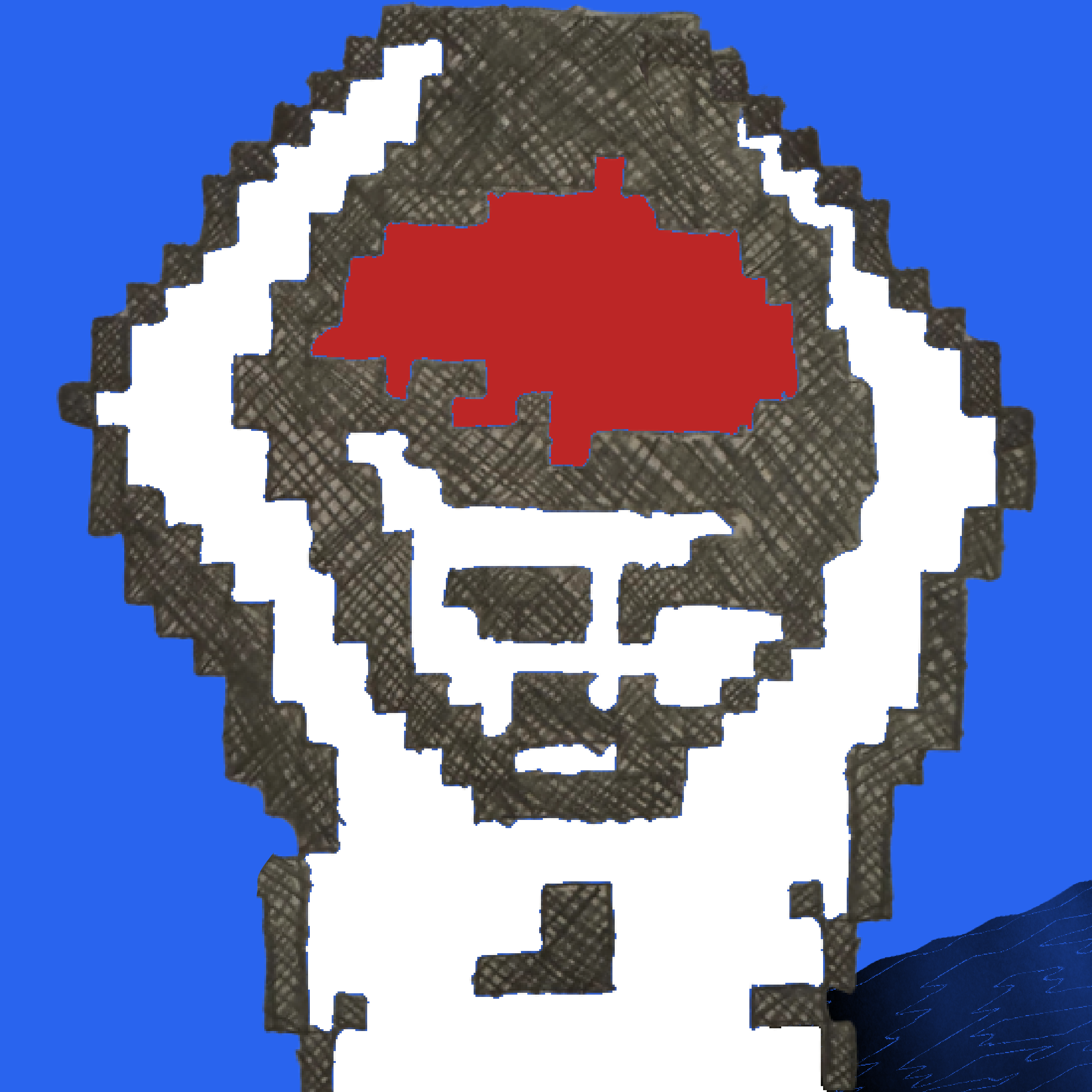 Pixelated image of a human with the skull outlined in black with a red shape inside the skull, on a blue background.