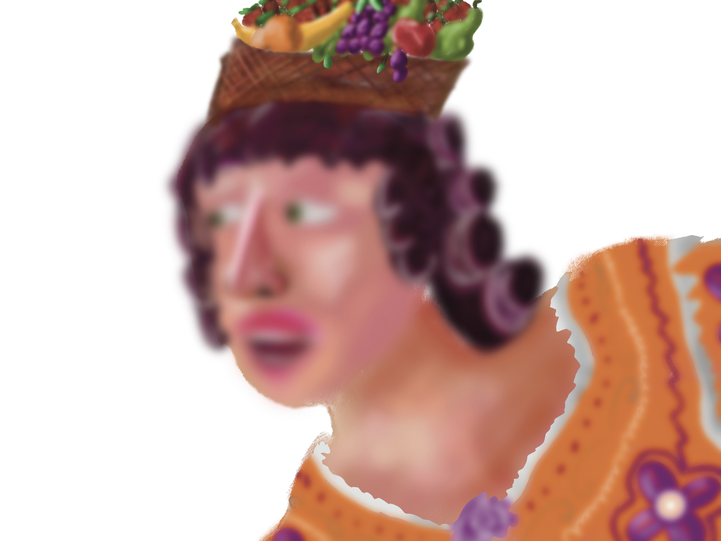 A person's head with various food items, including a taco and grapes, on top, and wearing clothing with floral patterns.
