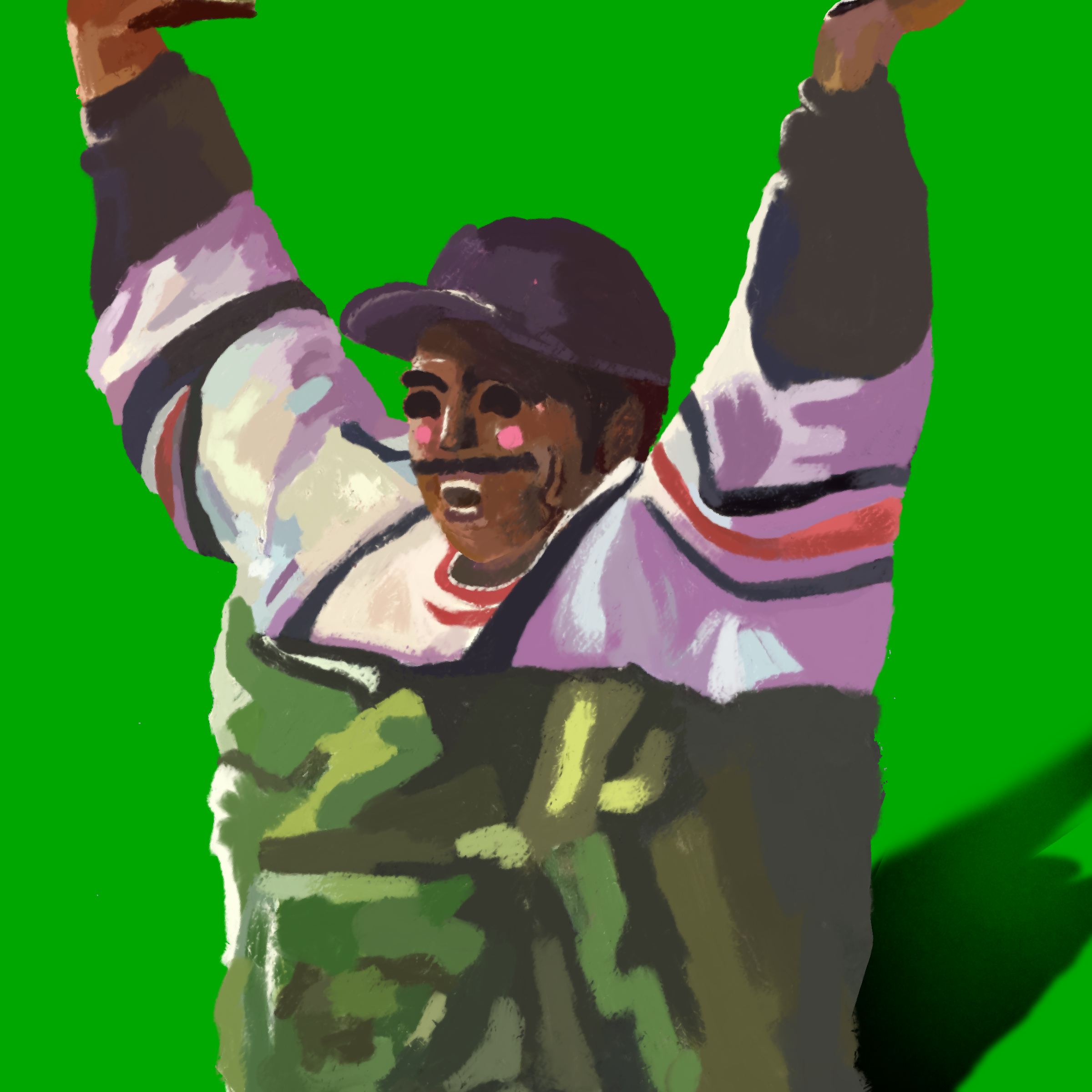 A person wearing a baseball cap, a white jacket with red and purple stripes, and green pants, raising their arms and smiling against a bright green background.