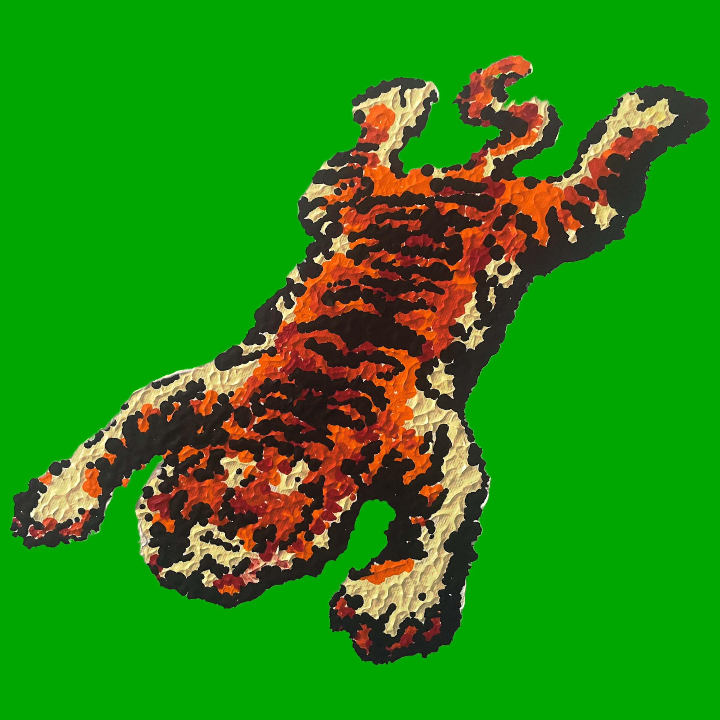 Pixel art depiction of a tiger laying on green background.
