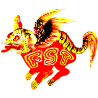 Colorful, stylized dragon thing with flames and patterns, resembling a festive or decorative design.