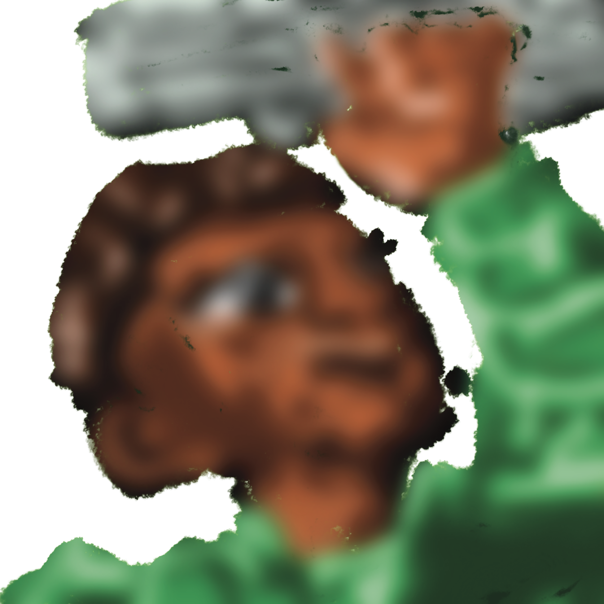 airbrushed human with dark skin colors, with a green shirt.