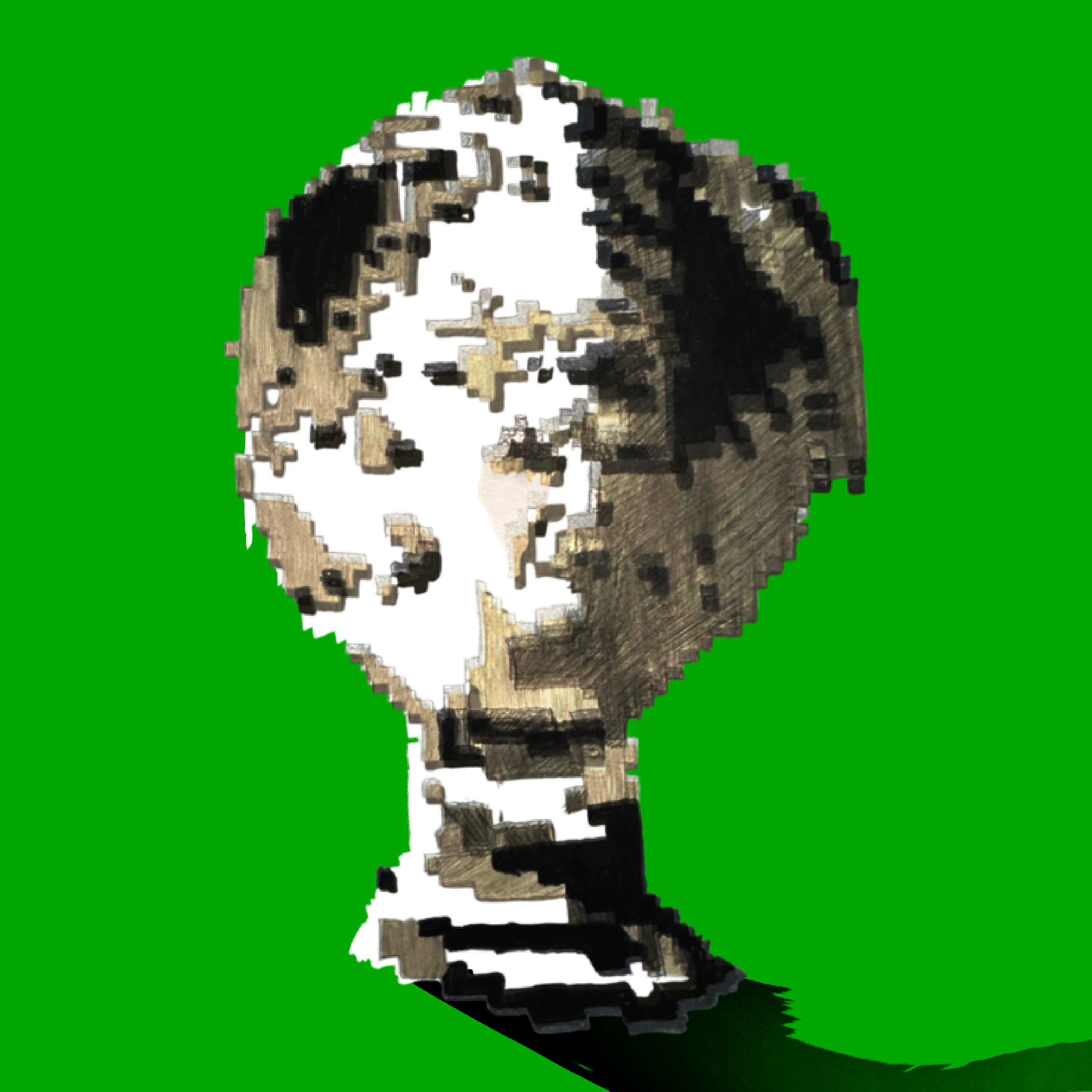 Pixelated stylized portrait of a woman with short hair against a bright green background.