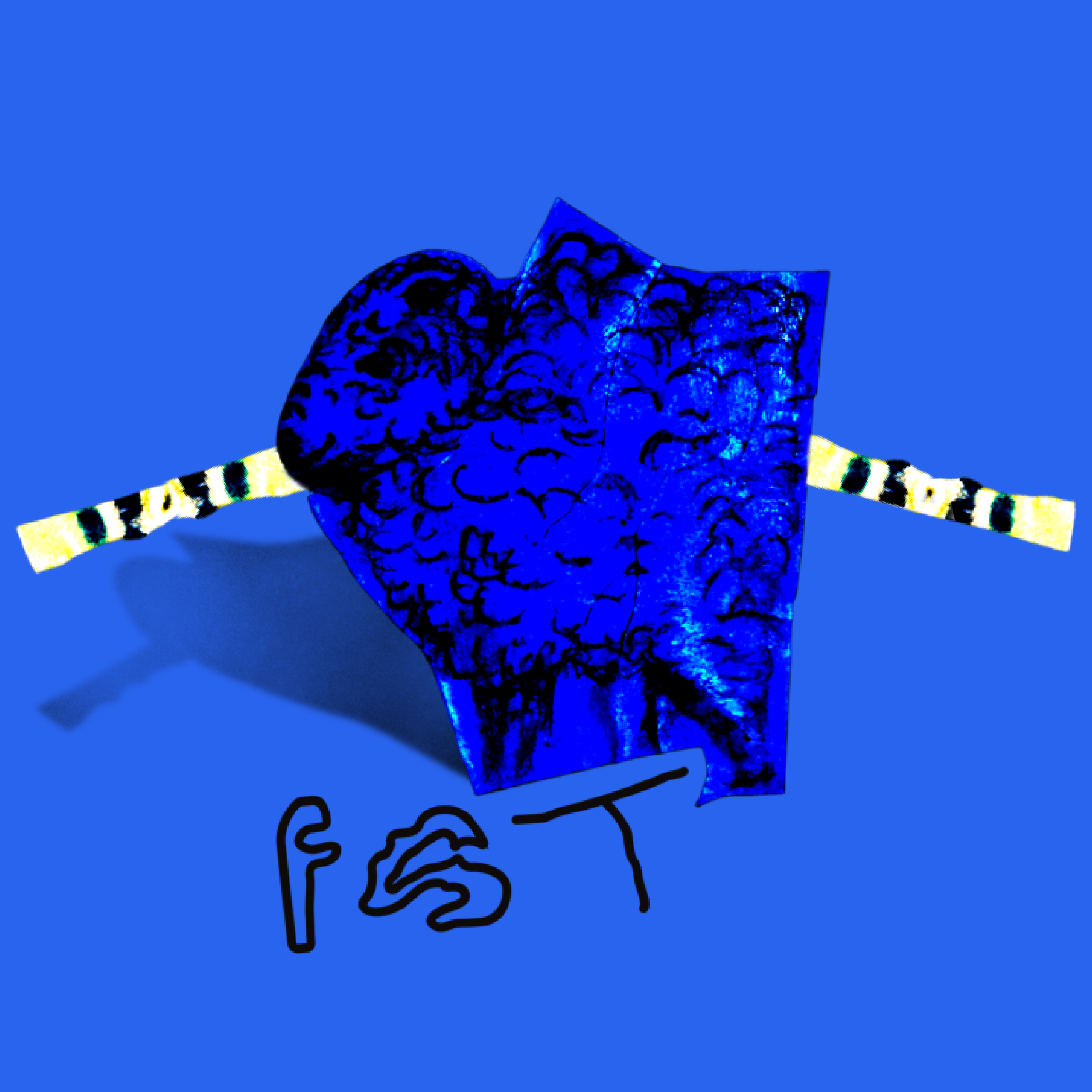 An abstract artwork featuring a blue background with a textured, dark blue shape in the center resembling a brain. Two striped yellow and black lines extend horizontally from either side of the shape. Below, there are simple black line drawings of a finger and a hand.