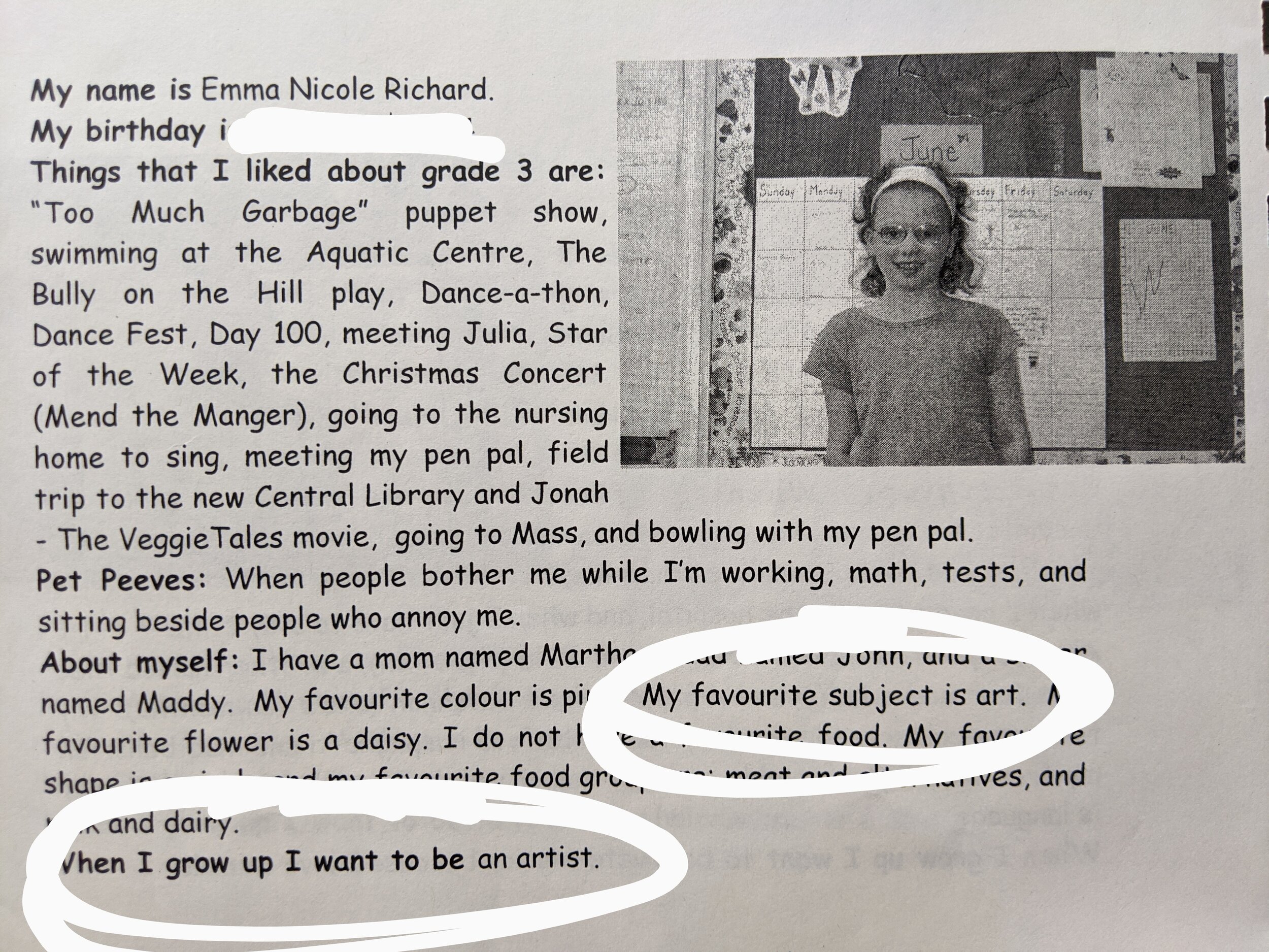My grade three year book entry