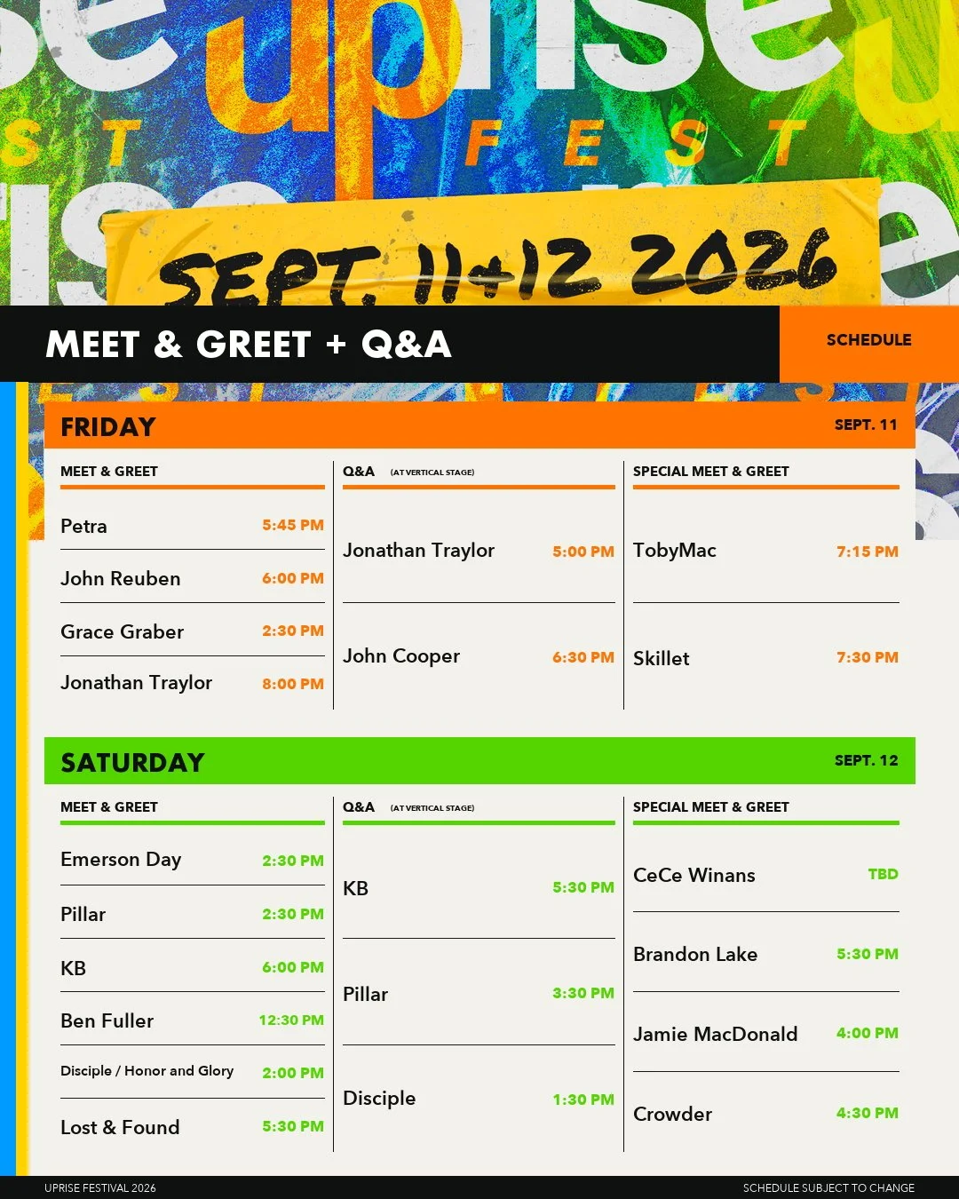 Check out the Meet &amp; Greet Schedules for Uprise Festival 2026! We can't wait to be back with you this Friday and Saturday! 🎉