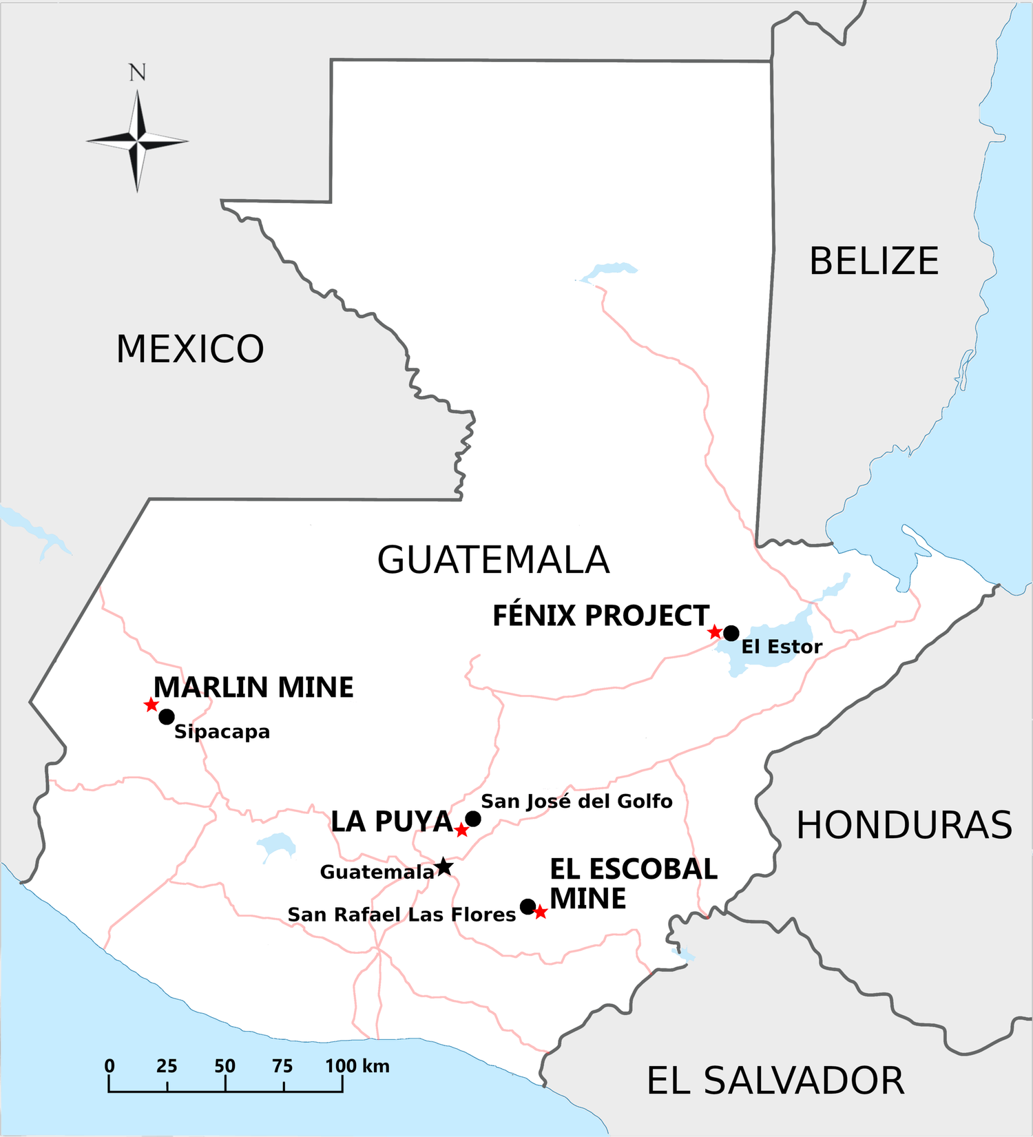 FIGURE 1: Guatemala, 4 Main Mining-Related Community Defense Struggles. 
Produced by Kyle Kusch, 2019
