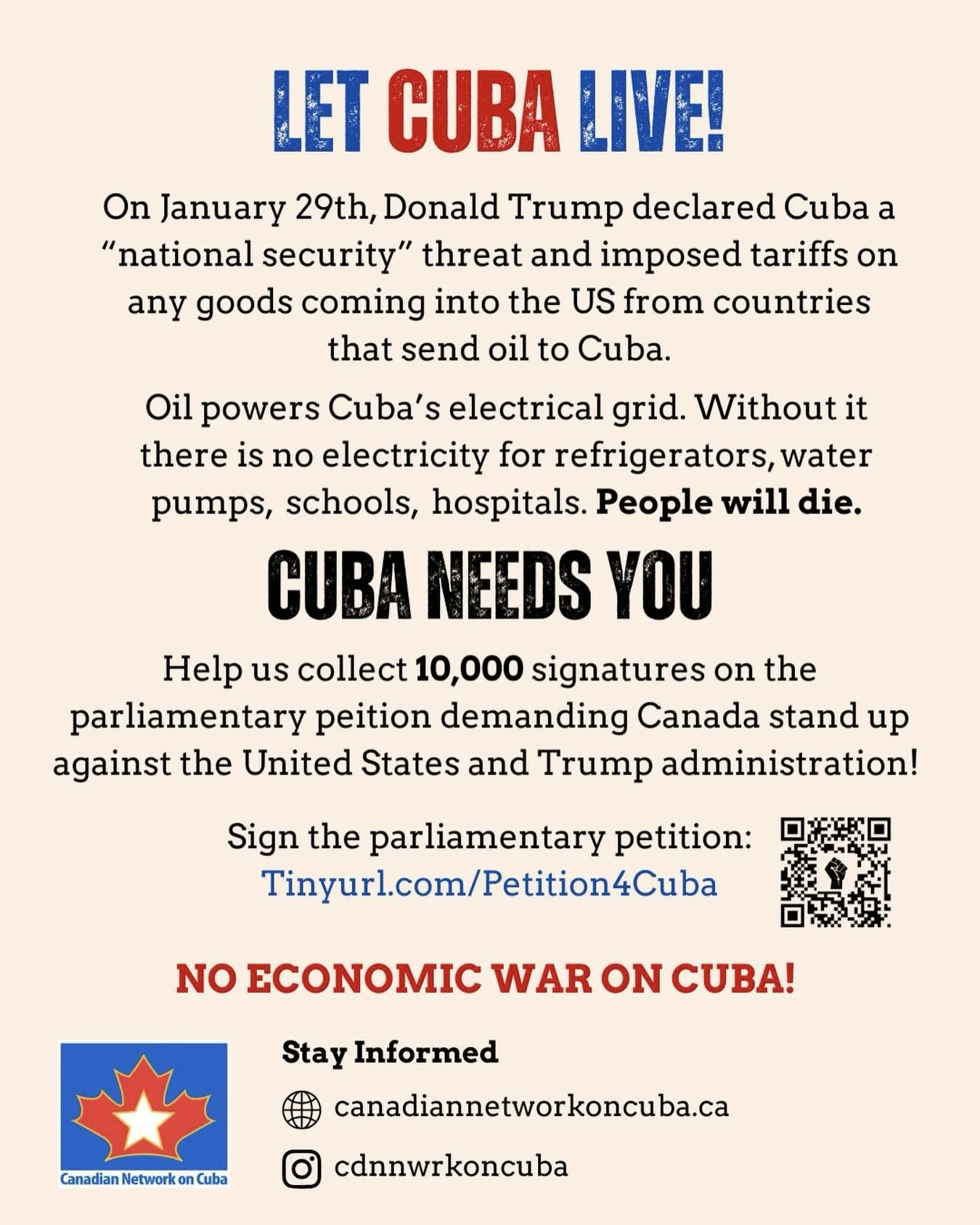 Canada must maintain full economic relations with Cuba, including deliveries of oil and food