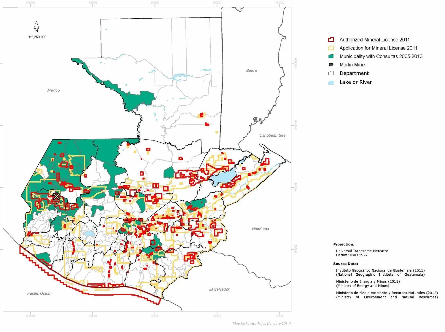 Figure 14. Mineral Interests and Consultas in Guatemala, by Patricia Rojas, illustrates the extent of the consultas across Guatemala, and their proximity to communities rejecting particular industrial projects. 
Source: J. P. Laplante, “‘La Voz del P