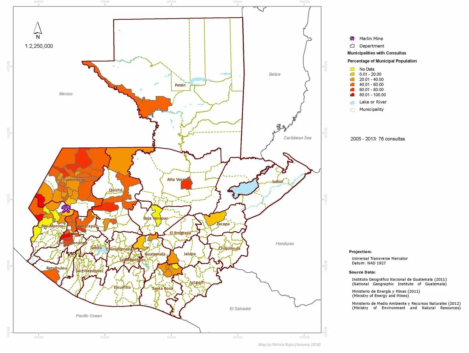 Figure 15. Popular Participation in Consultas in Guatemala, 2005–2013, by Patricia Rojas, illustrates the extent of the consultas across Guatemala, and the percentage of municipal participation in seventy-six consultas between 2005 and 2013. 
Source: