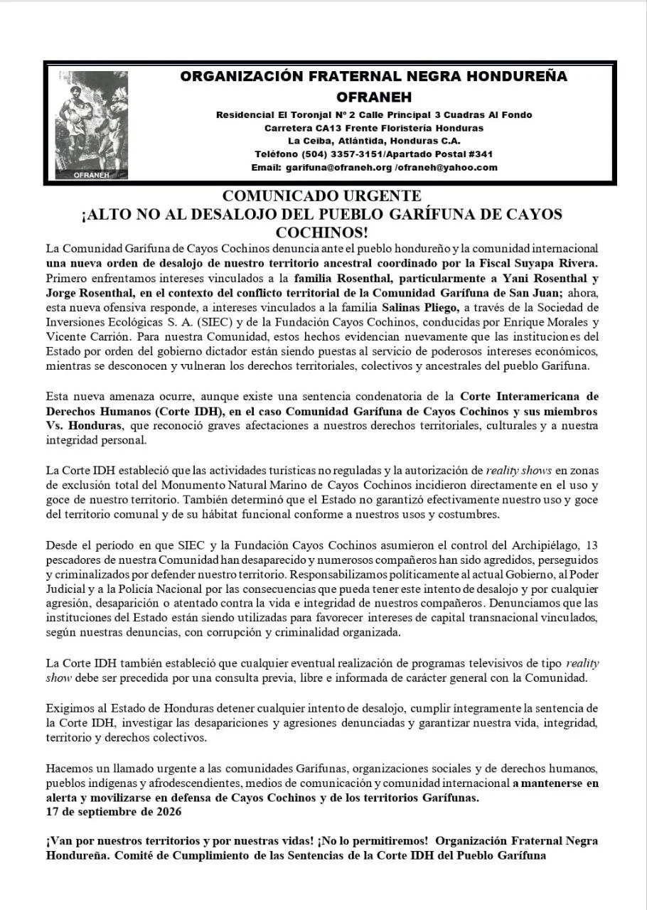 Garifuna communities on Cayos Cochinos island threatened with eviction to make way for filming of “Survivor" reality TV&nbsp;show