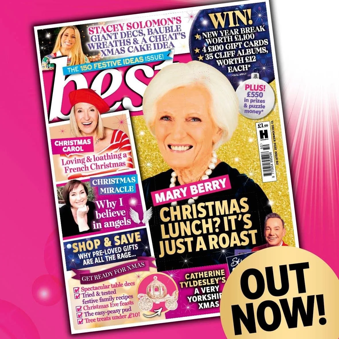 Cover of a Christmas magazine featuring Mary Berry on the main cover with the headline 'Christmas lunch? It's just a roast.' The magazine advertises holiday ideas, recipes, and competitions, with additional images of other featured articles and festive decorations.