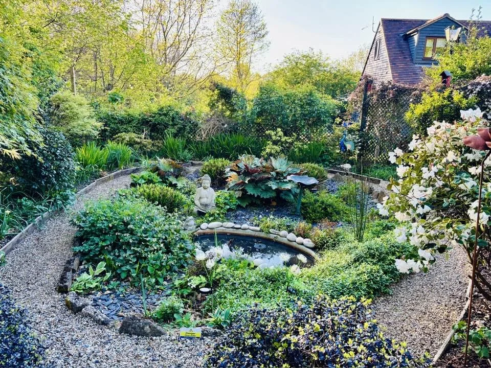 The wild garden in front of the one bedroom, self-catering Little India chalet near Bridport in Dorset