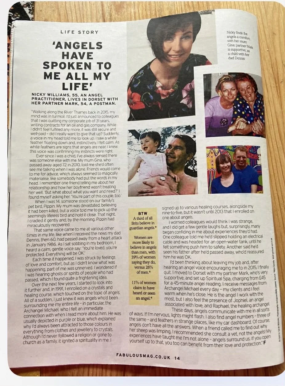 Magazine article featuring a woman named Nicky Williams and her personal story. The page includes her photographs with friends and family, including a woman holding a child, a group of two women smiling, and a young girl with a man. The headline reads "Angels have spoken to me all my life" and the article discusses her experiences with angelic guidance and her personal journey.