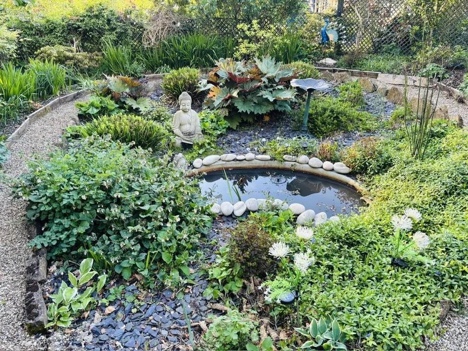 A peaceful garden at The Spiritual Spa with wild plants, a small pond with a stone Buddha sat at the edge. It looks tranquil and serene.