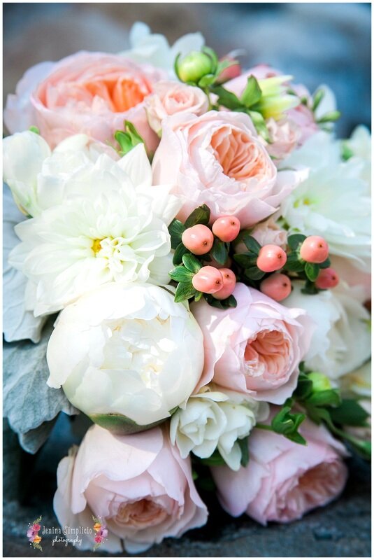  close up on white and pink wedding bouquet  