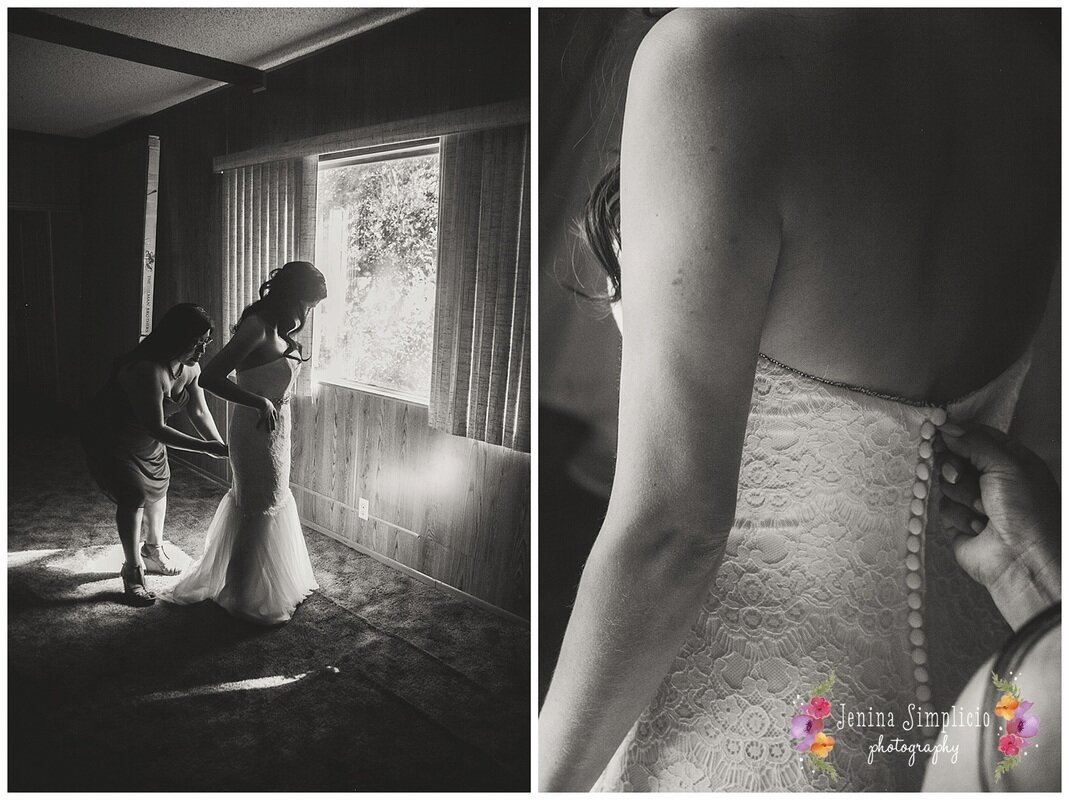  black and white photo of bride getting ready  