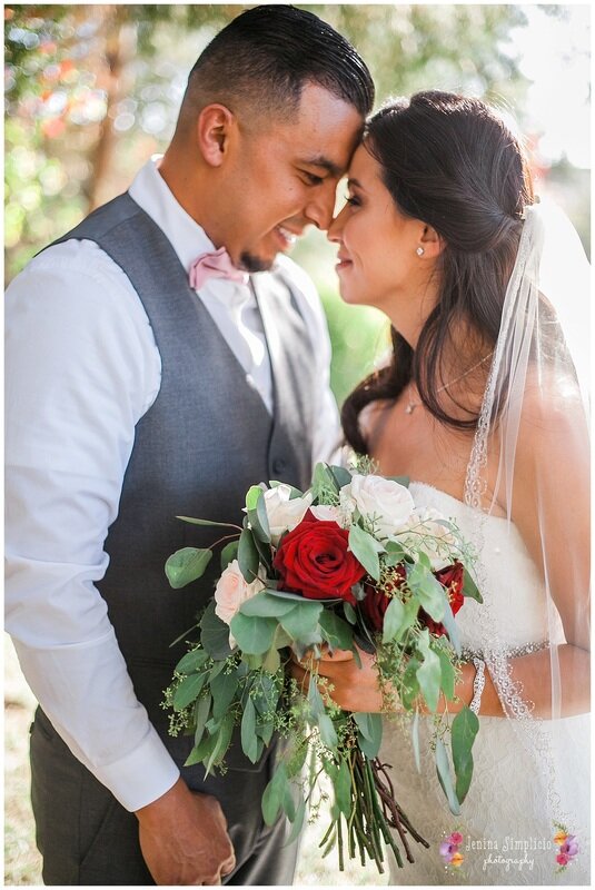  bride and groom head to head with beautiful flowers 