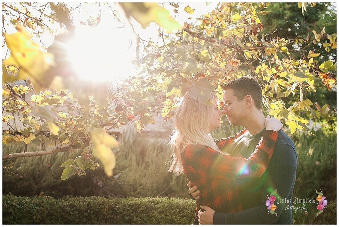  the engaged couple touch noses with sunlight in the background of the garden 