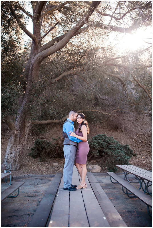  newly engaged couple standing on a picnic table emracing 