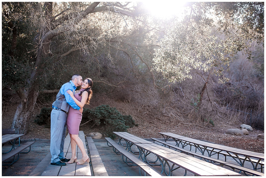  he kisses his bride to be as they stand on top of a picnic table in the woods 