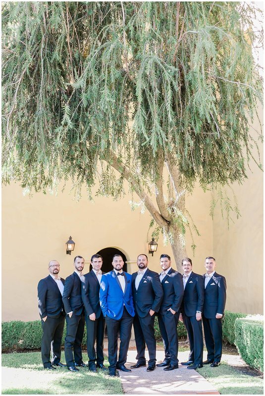  groom and his groomsmen standing in front of a tree and greenery 