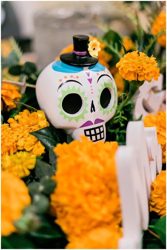  close up of mr and mrs day of the dead themed dinner table 