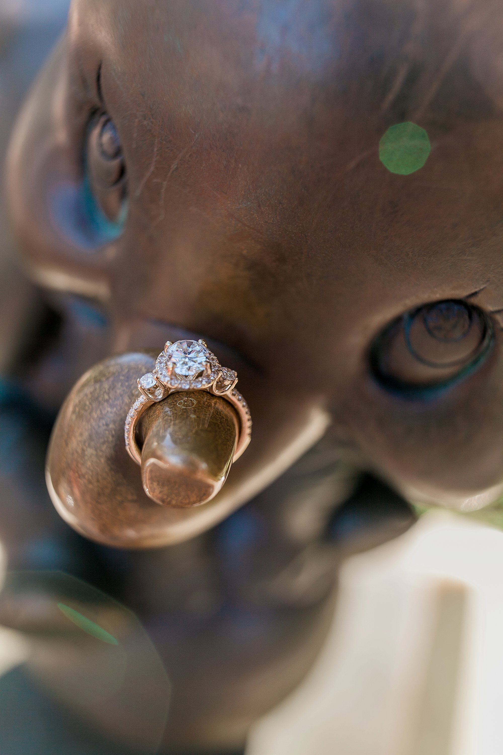  engagement ring on the trunk of an elephant statue 
