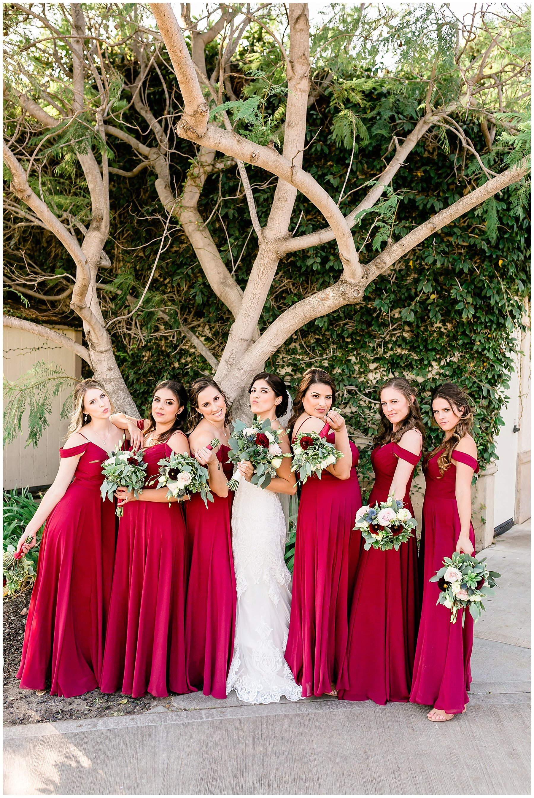  bride in her gown with her bridesmaids 