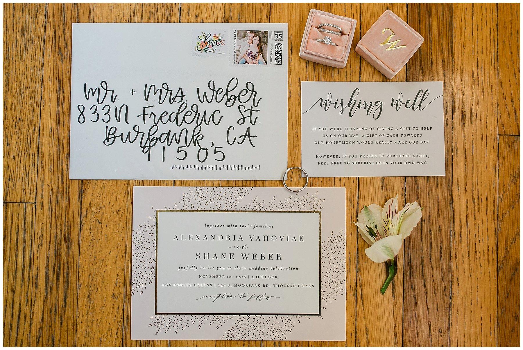  close up of wedding invitations with the wedding rings 