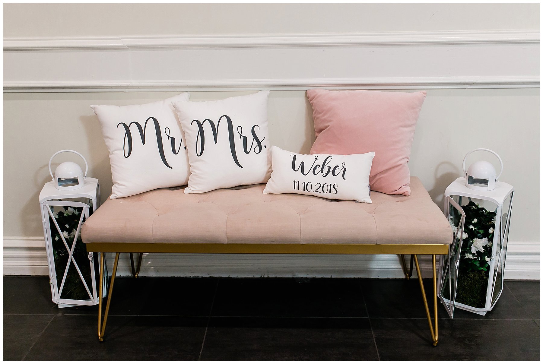  pillows on the hallway bench that say mr and mrs weber with the wedding date 