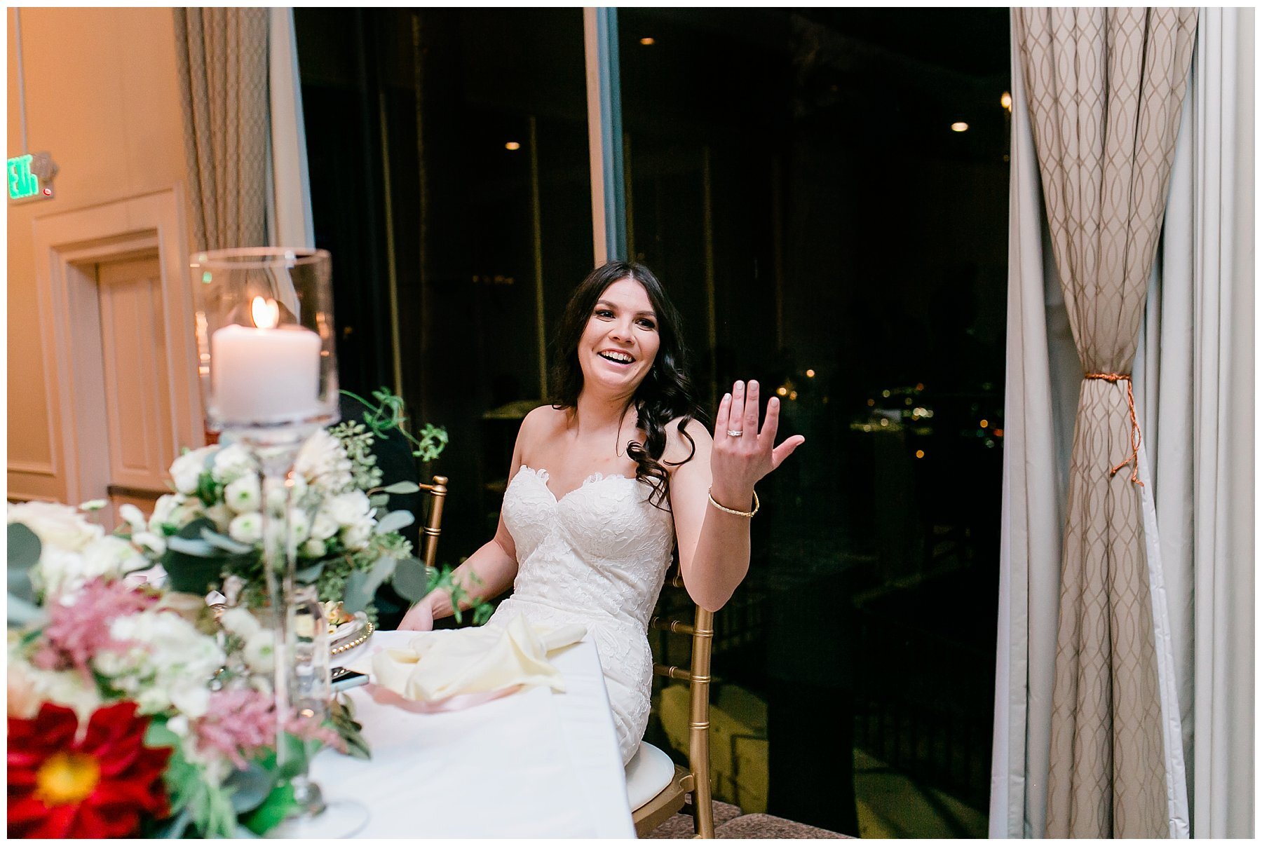  bride laughing at their dining table 
