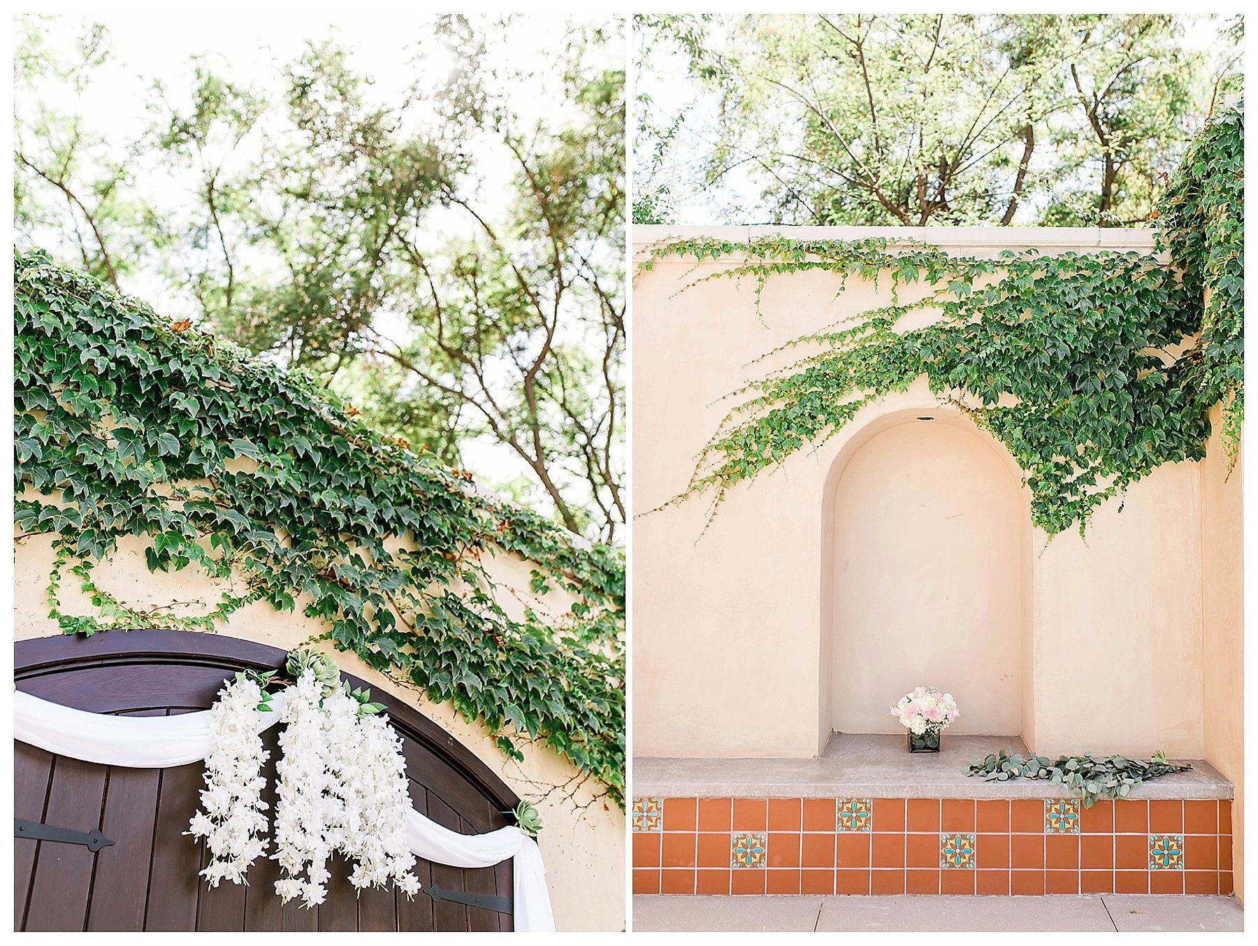 close up shots of the altar with ivy and white flowers 