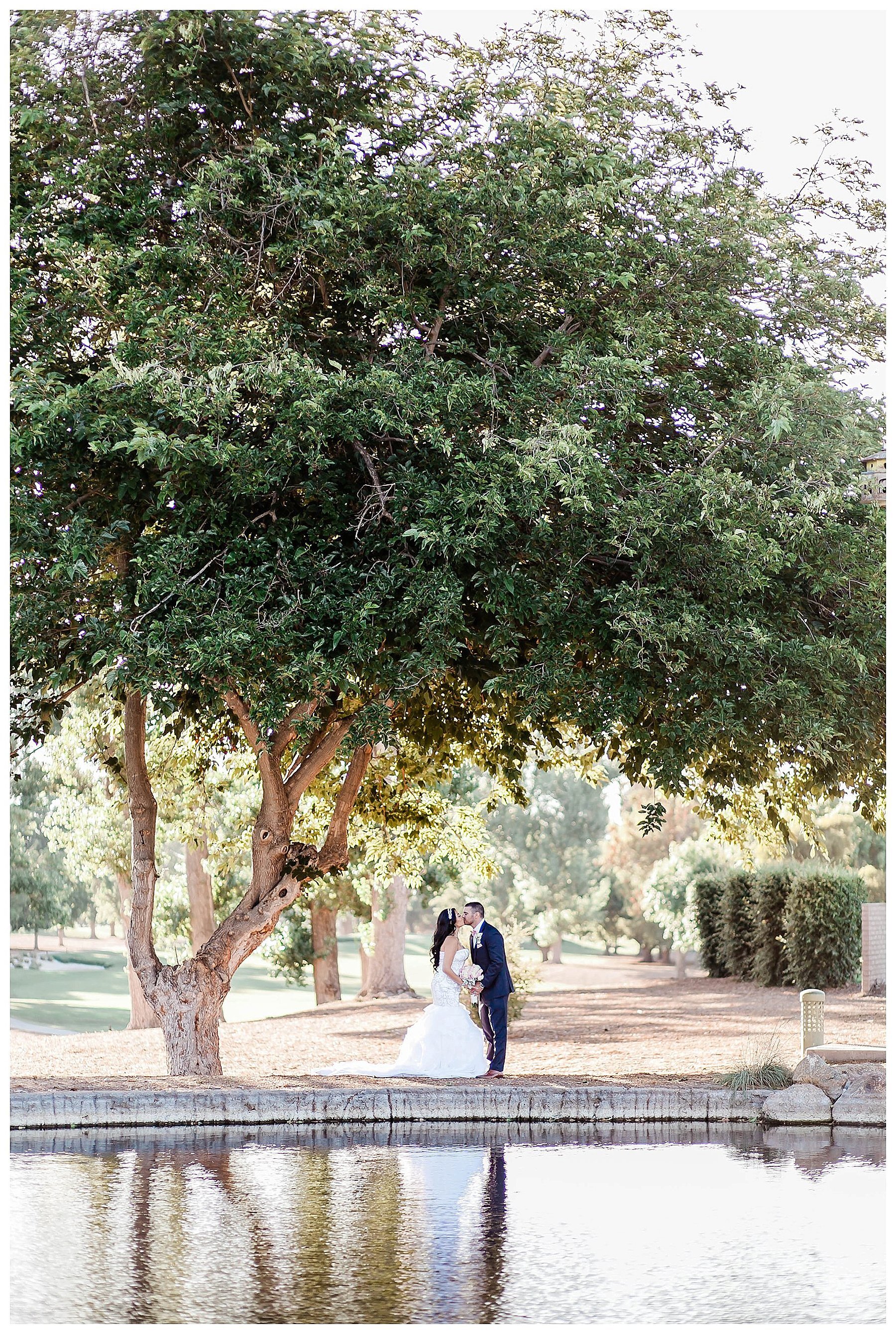  bride and groom kiss under a tree with the lake in front of them 