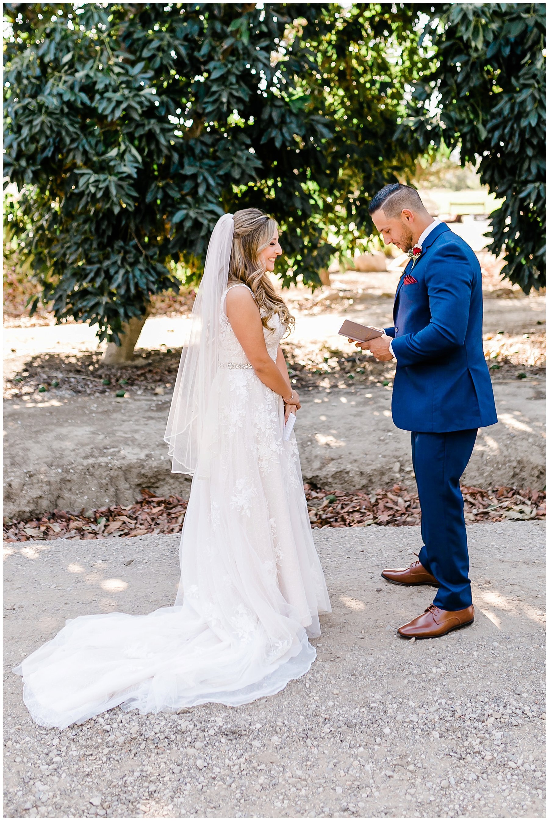  bride and groom together on a pathway at the ranch 