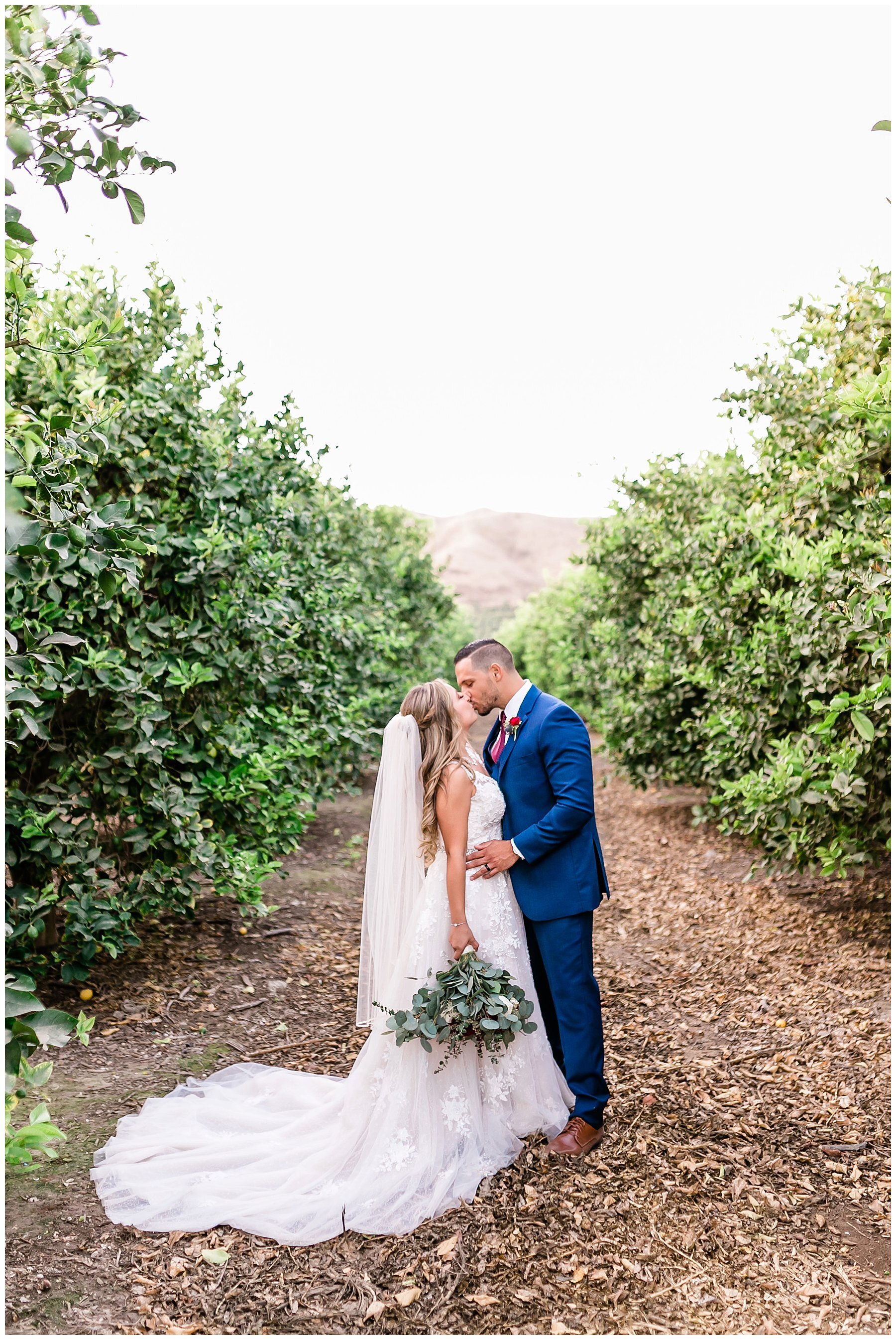  bride and groom together on a dirt path flanked by hedges 