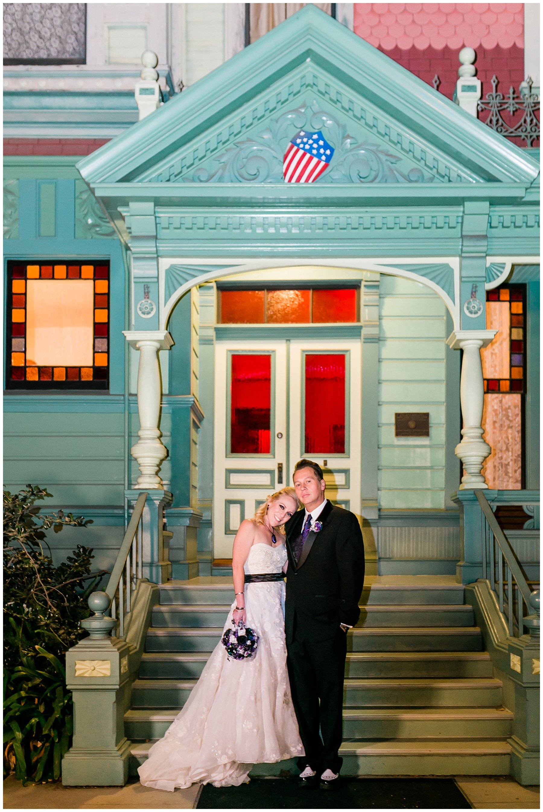  bride and groom in front of the mansion 